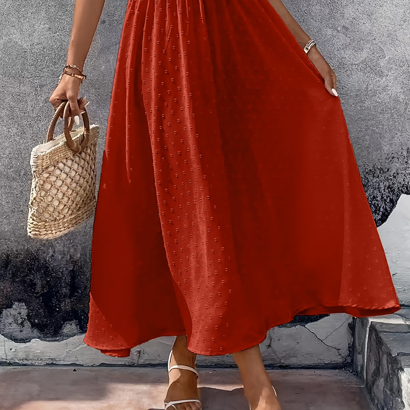 Plus Size Casual Skirt, Women's Plus Solid Swiss Dot Elastic High Rise A-line Maxi Skirt