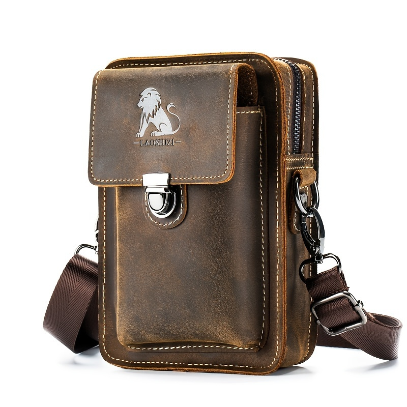 Men's Leather Casual Mobile Phone Waist Bag, First Layer Of Cow Leather Multi Functional Shoulder Cross Body Bag