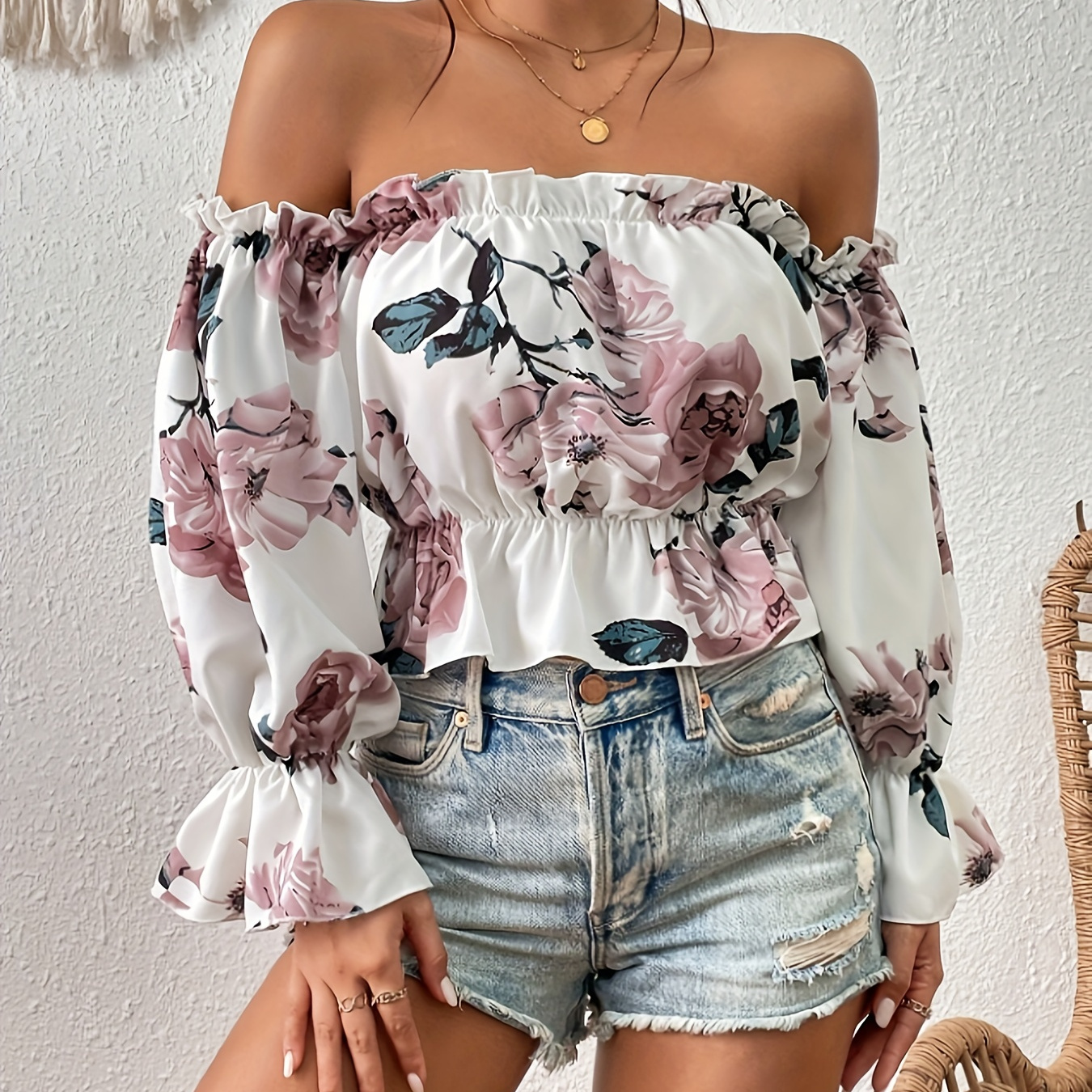 

Floral Print Off Shoulder Blouse, Elegant Ruffle Trim Blouse For Spring & Fall, Women's Clothing