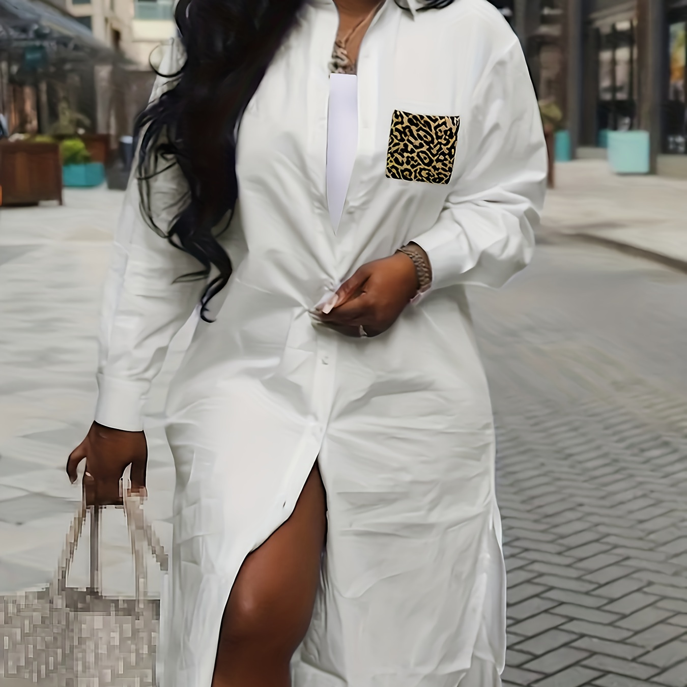 

Plus Size Leopard Print Pocket Button Front Loose Dress, Casual Collared Long Sleeve Dress For Spring & Fall, Women's Plus Size Clothing