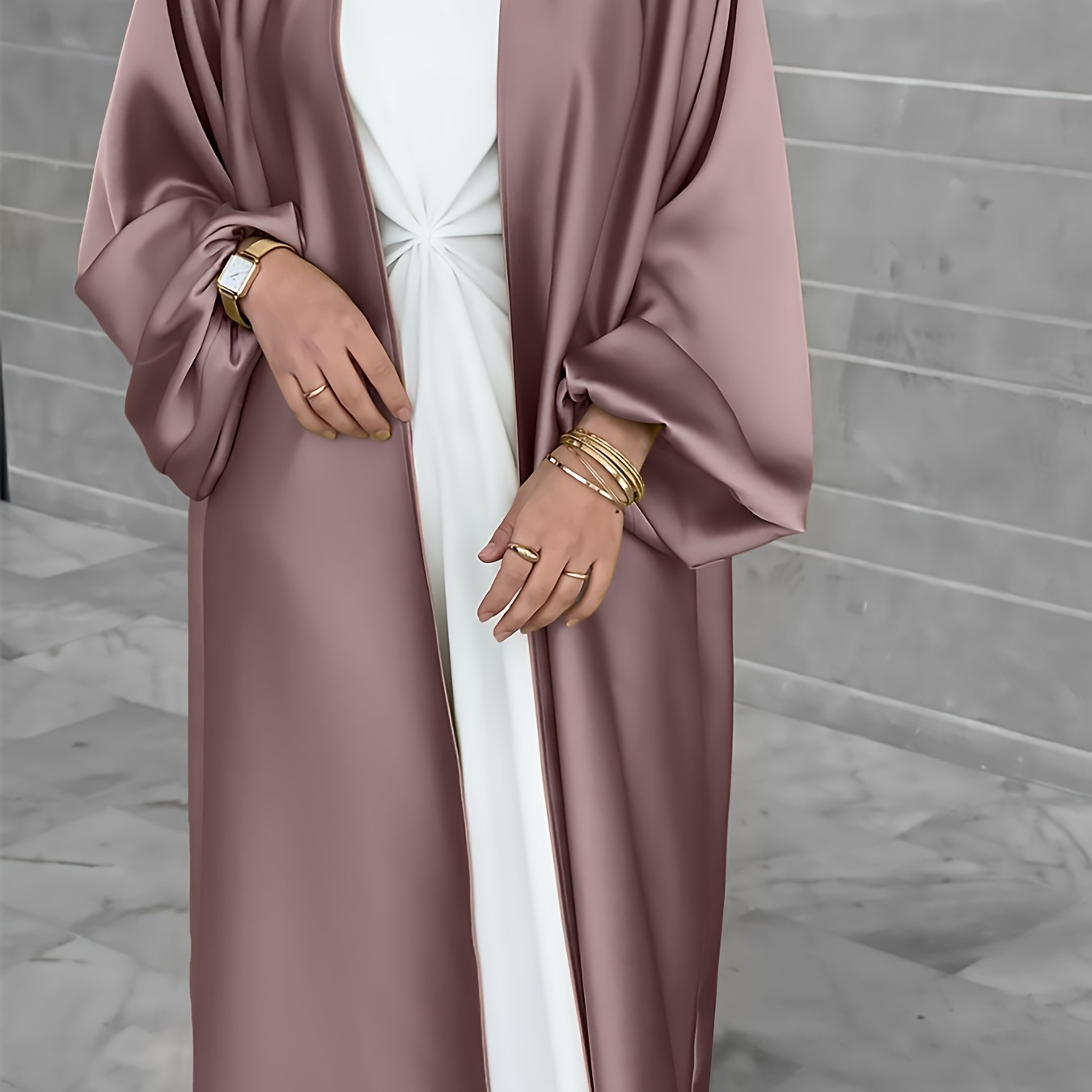 

Solid Color Open Front Modest Outwear, Elegant Lantern Sleeve Maxi Loose Cover Up, Women's Clothing