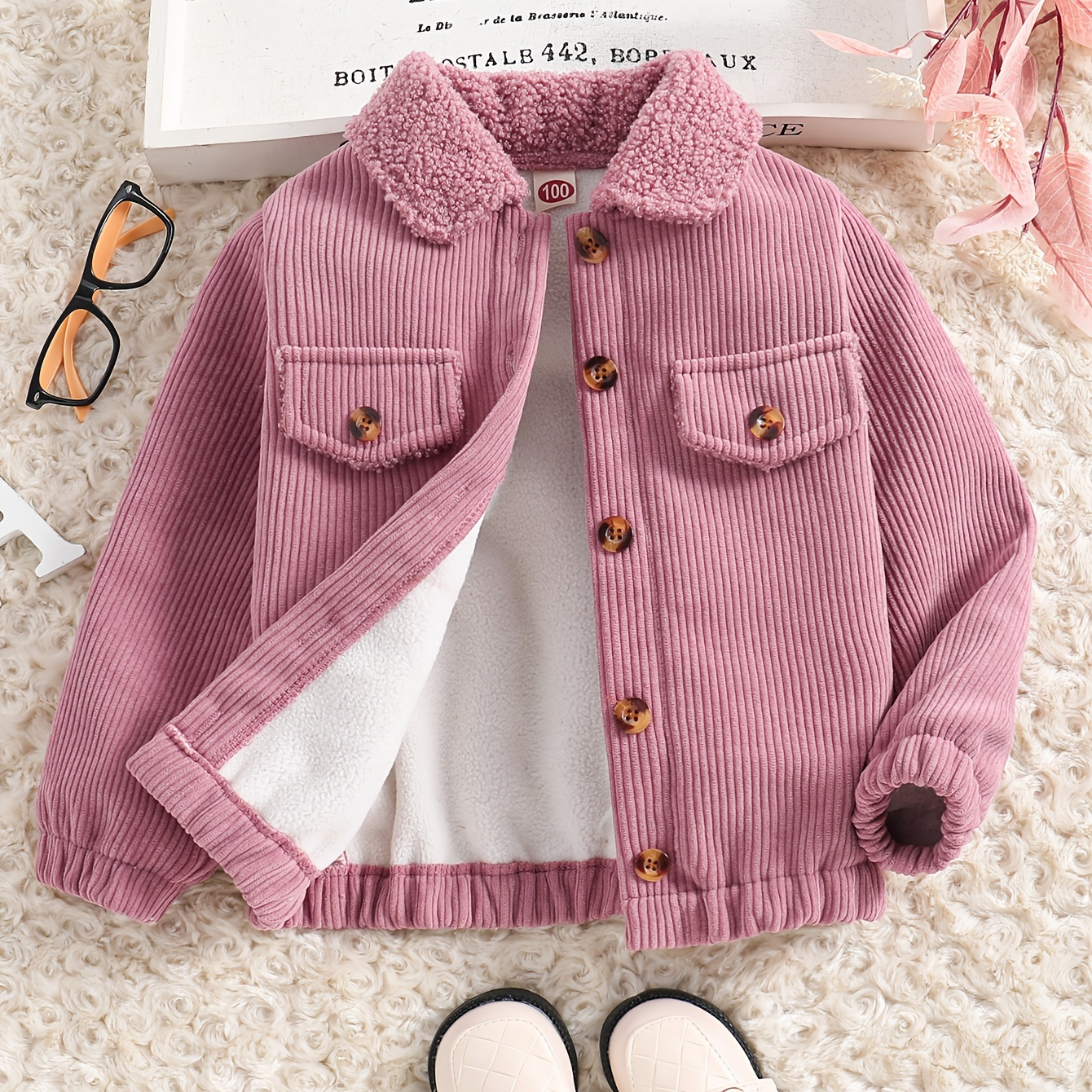 

Girls Solid Button Collared Casual Corduroy Jacket With Polar Fleece Lining, Autumn And Winter