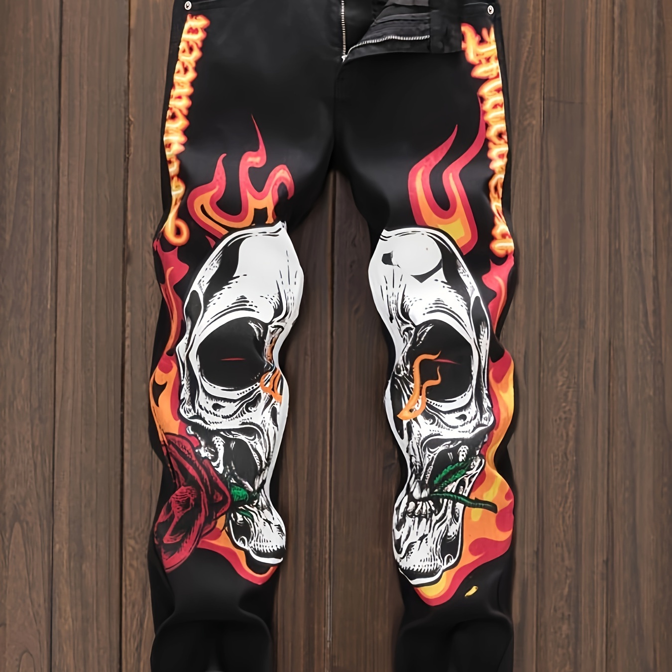 

Men's Skull & Flames Graphic Print Denim Pants For Spring Fall, Stylish Casual Jeans