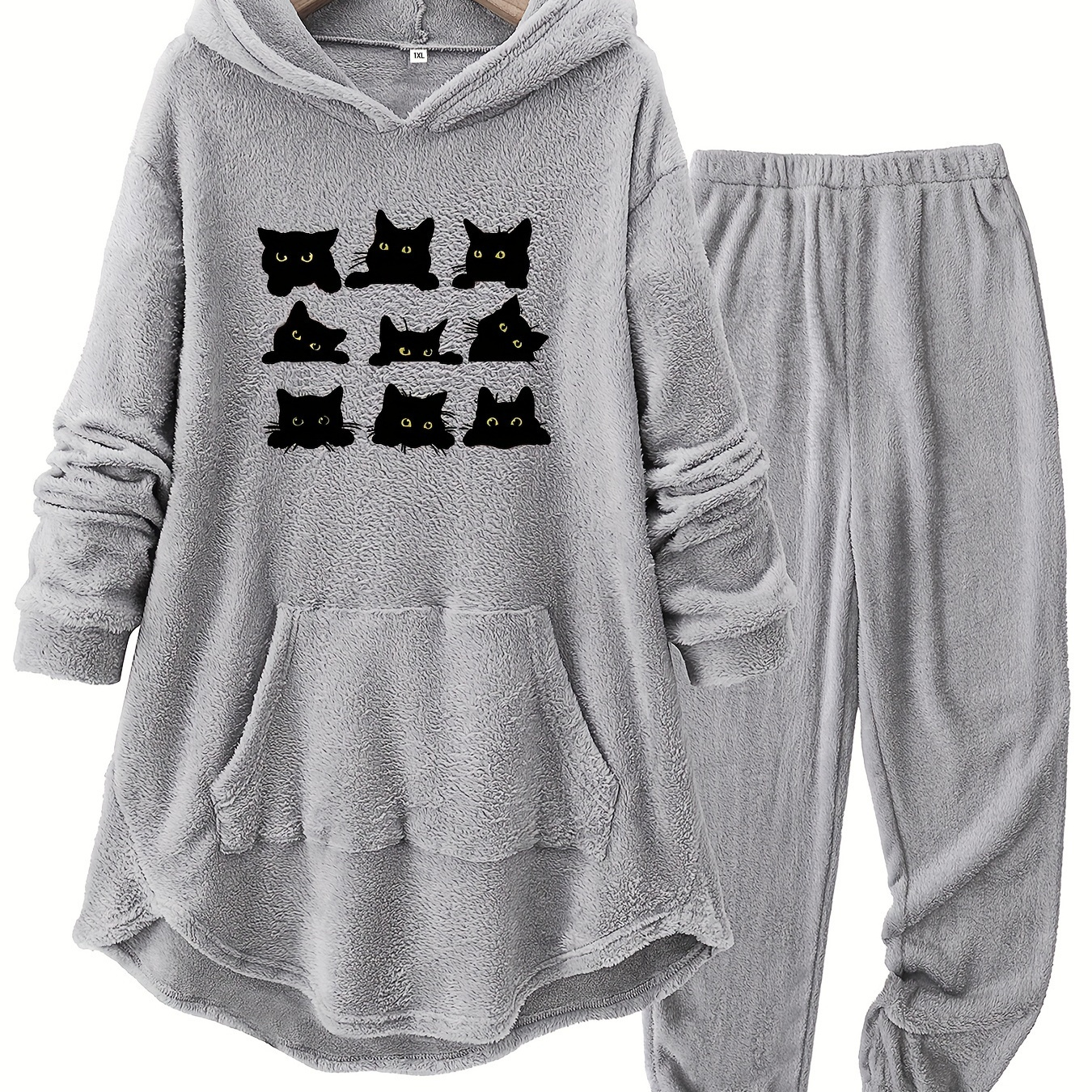 

Women's Plus-size Hoodie And Pants Set With Cat Print, Casual Knit Fabric, Polyester, Drawstring Hood, And Pocket