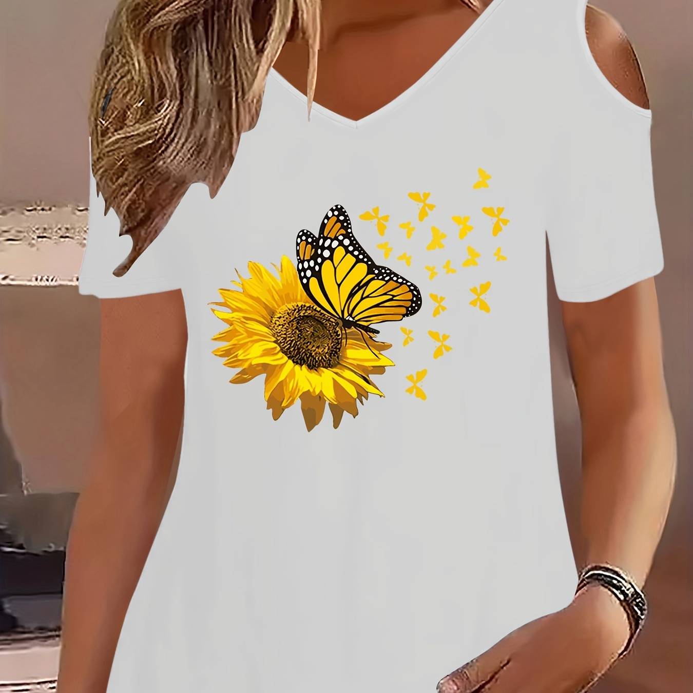 

Sunflower & Butterfly Print Cold Shoulder T-shirt, Casual V Neck Short Sleeve Top For , Women's Clothing