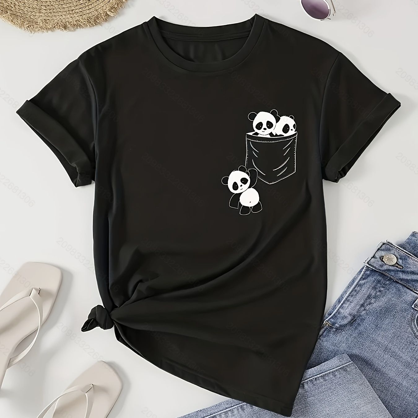 

Cute Panda Print Crew Neck T-shirt, Casual Short Sleeve Top For Spring & Summer, Women's Clothing