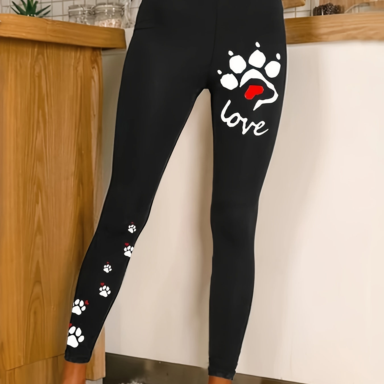 

Paws & Letter Print High Waist Leggings, Casual Knitted Skinny Leggings For Spring & Fall, Women's Clothing