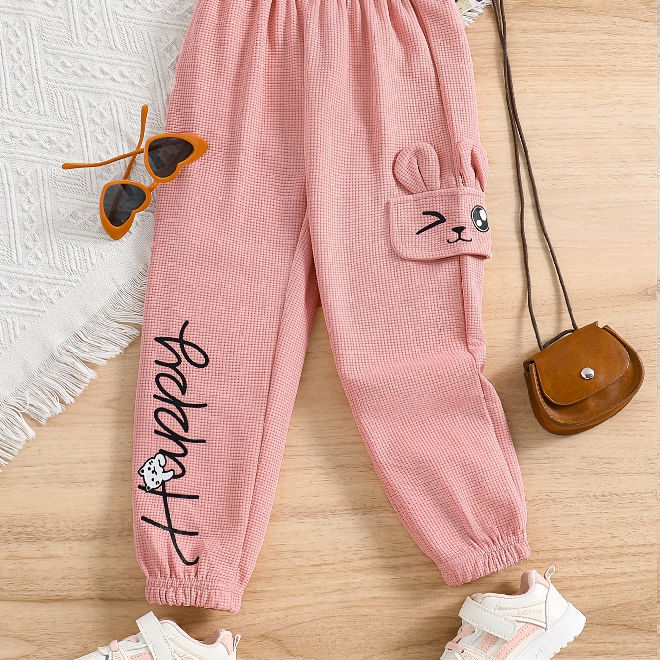 

Girls' Waffle Knit Jogger Rabbit Design Breathable Harem Pants, Children's Bottoms For Spring And Fall