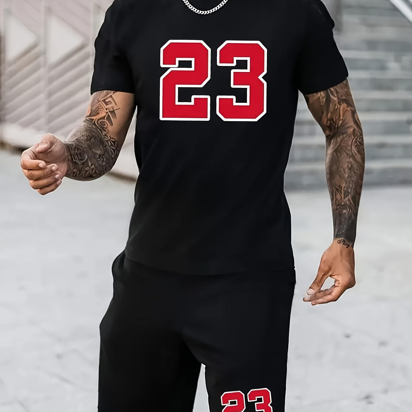 

Men's Novelty 3d "23" Casual Sports Outfit - Breathable Polyester T-shirt & Shorts Set, Machine Washable, For &