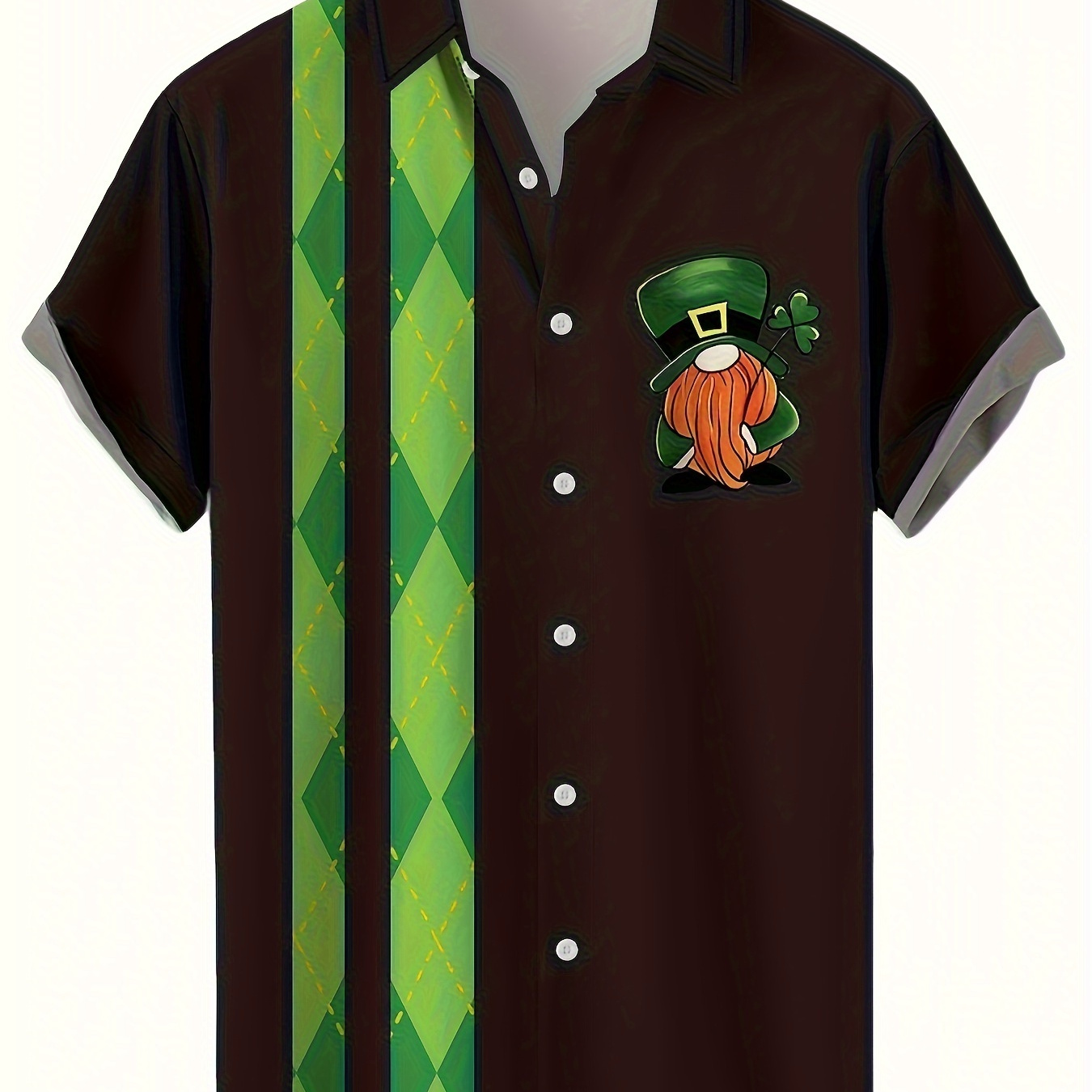 

St. Patrick's Day Themed Various Cartoon Print Men's Creative Color Block Short Sleeve Lapel Shirt, Summer Party Carnival