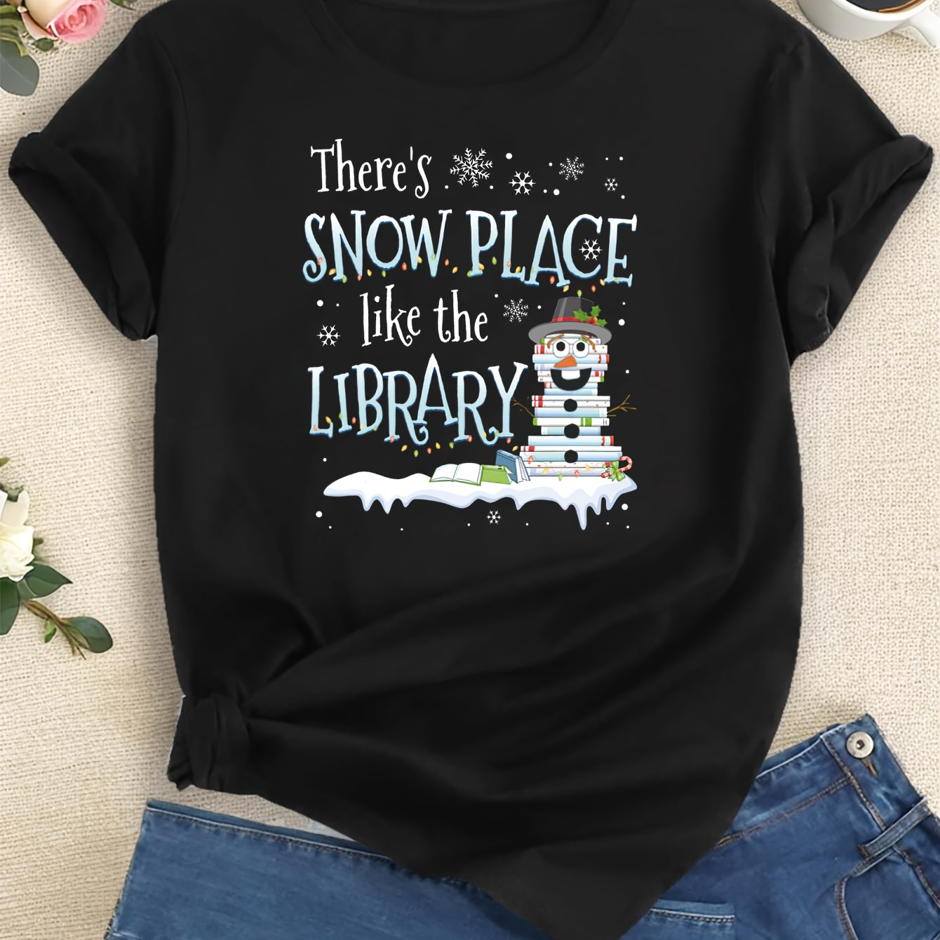 

Book Christmas Study Print T-shirt, Short Sleeve Crew Neck Casual Top For Summer & Spring, Women's Clothing