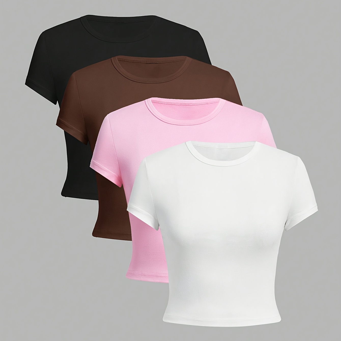 

4pcs Women's Casual T-shirts In Black, Brown, Pink, White - Soft Polyester & Elastane , Crew Neck, Short Sleeve, Semi-sheer - Machine Washable, Ideal For Spring/summer/fall