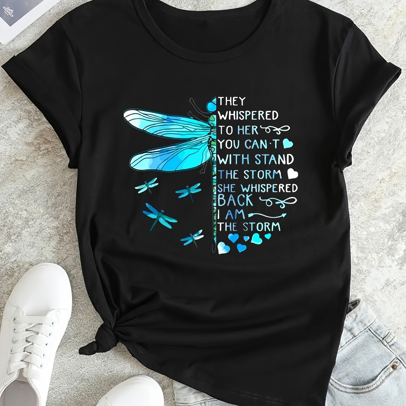 

Women's Dragonfly & Letter Print T-shirt, Casual Round Neck Short Sleeve Top, Spring/summer Fashion, Athletic Style