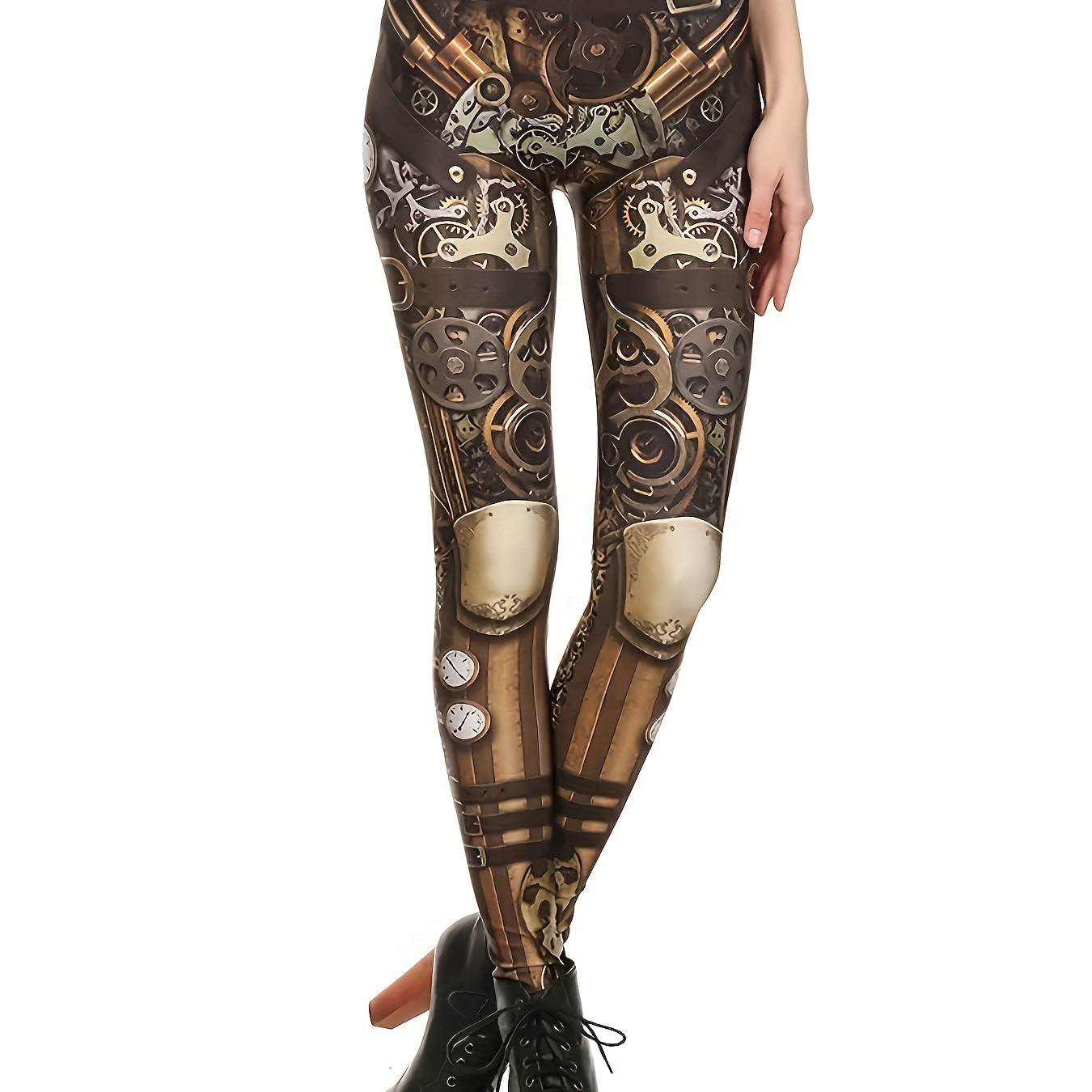 

1pc Steampunk Print Skinny Leggings For Women, High Waist Stretch Polyester Knit Fabric, , Medium Stretch Waistband