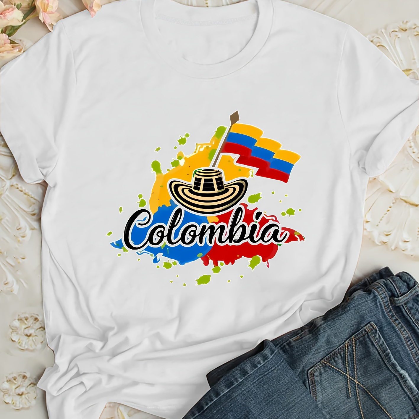 

Fashionable Flag Hat With English Letter Print Pattern, Round Neck Short-sleeved T-shirt For Spring And Summer Women's Top