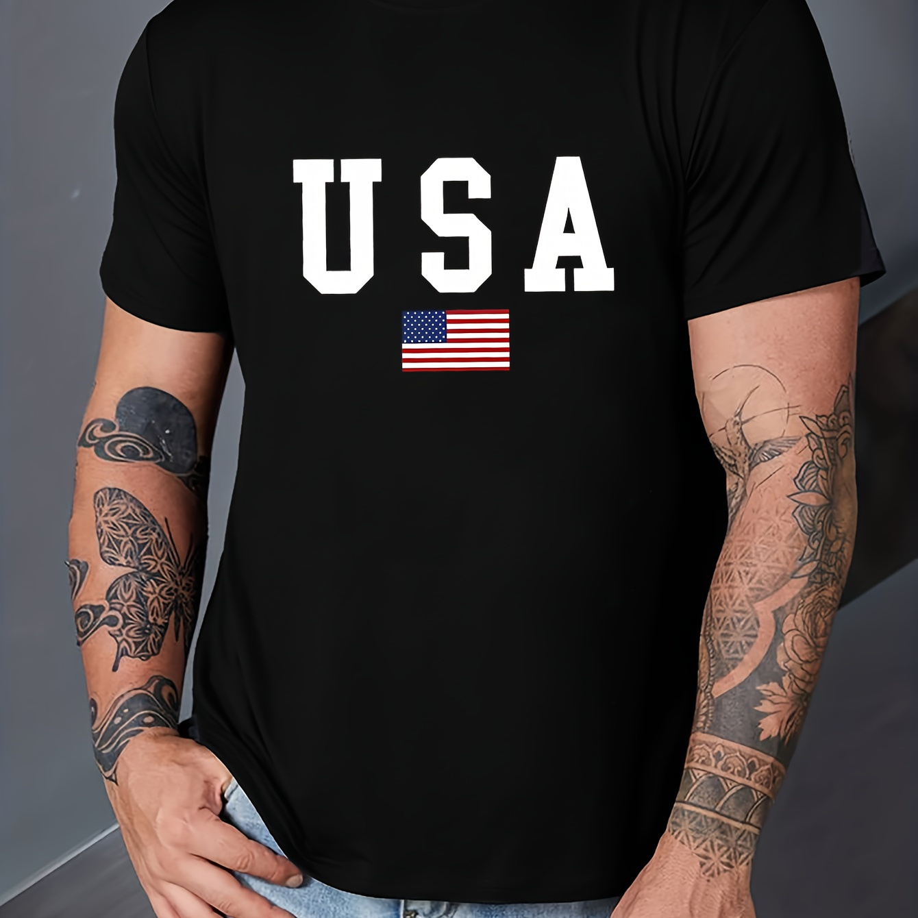 

Usa Print, Men's Round Crew Neck Short Sleeve, Simple Style Tee Fashion Regular Fit T-shirt, Casual Comfy Breathable Top For Spring Summer Holiday Leisure Vacation Men's Clothing As Gift