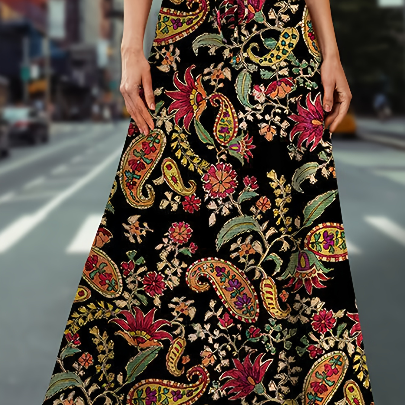 

Women' Style Paisley Print Maxi Skirt - Dacron And Spandex , 95% Polyester 5% Elastane, Knitted Fabric, Ideal For Fall/winter