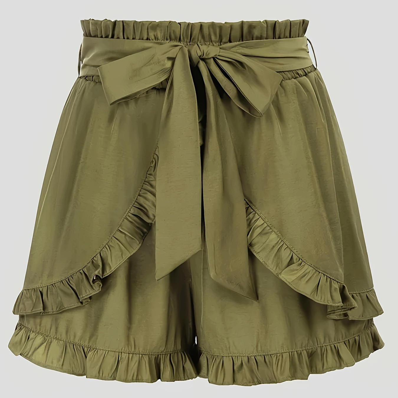 

Belted Slant Pocket Frill Trim Shorts, Elegant Loose Shorts For Spring & Summer, Women's Clothing
