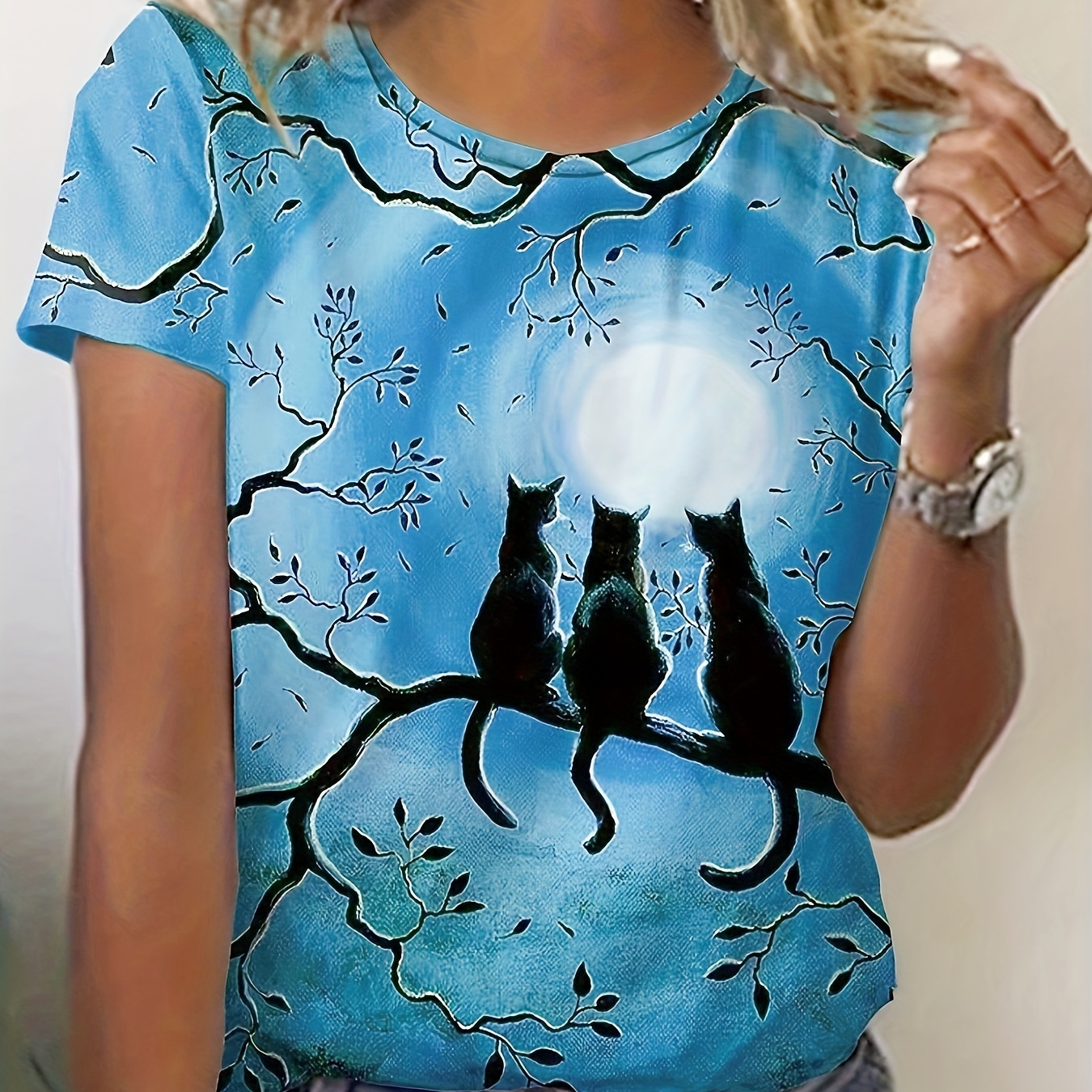 

Plus Size Casual T-shirt, Women's Plus Cat Print Short Sleeve Round Neck Summer T-shirt