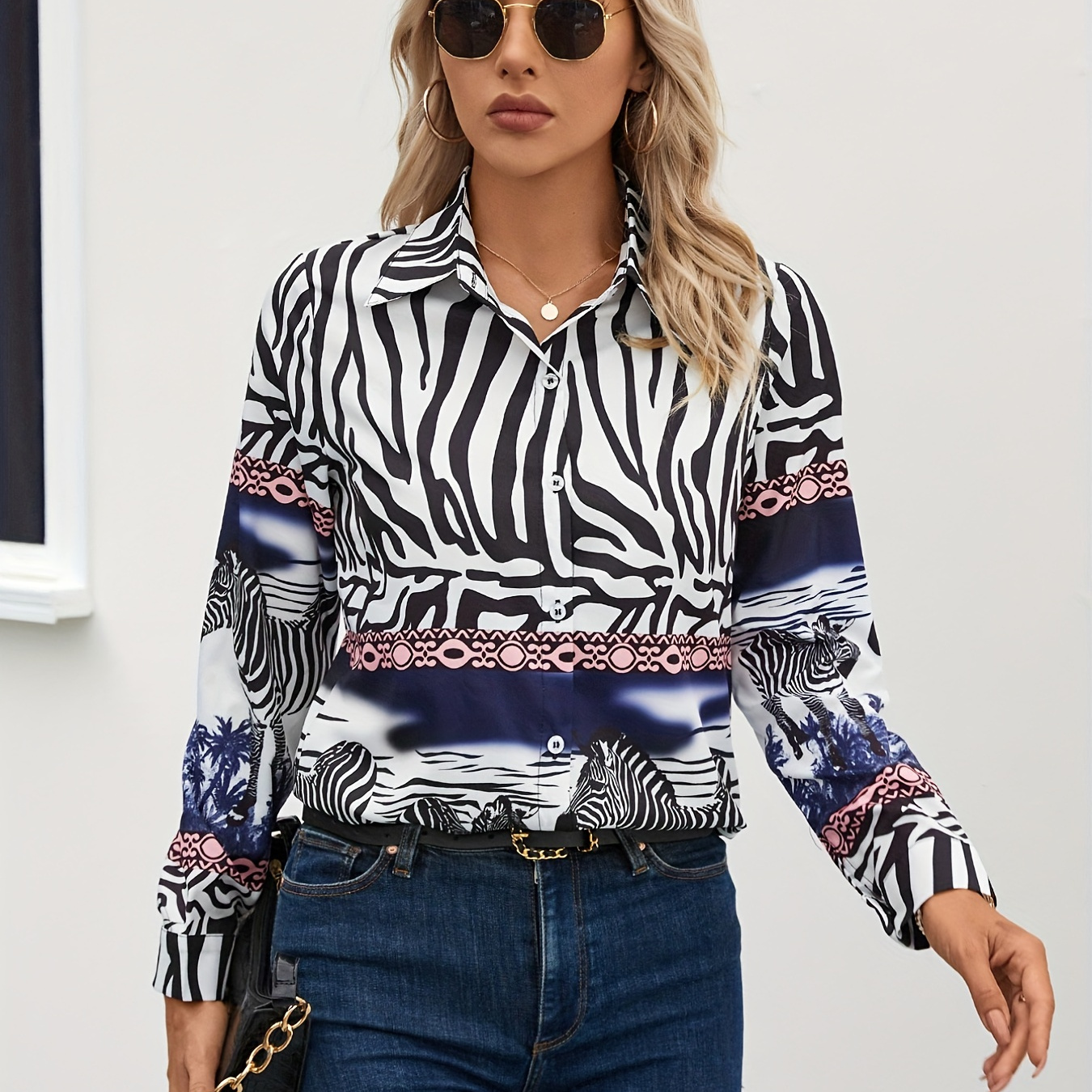 

Zebra Print Colorblock Button Front Shirt, Casual Long Sleeve Shirt For Spring & Fall, Women's Clothing