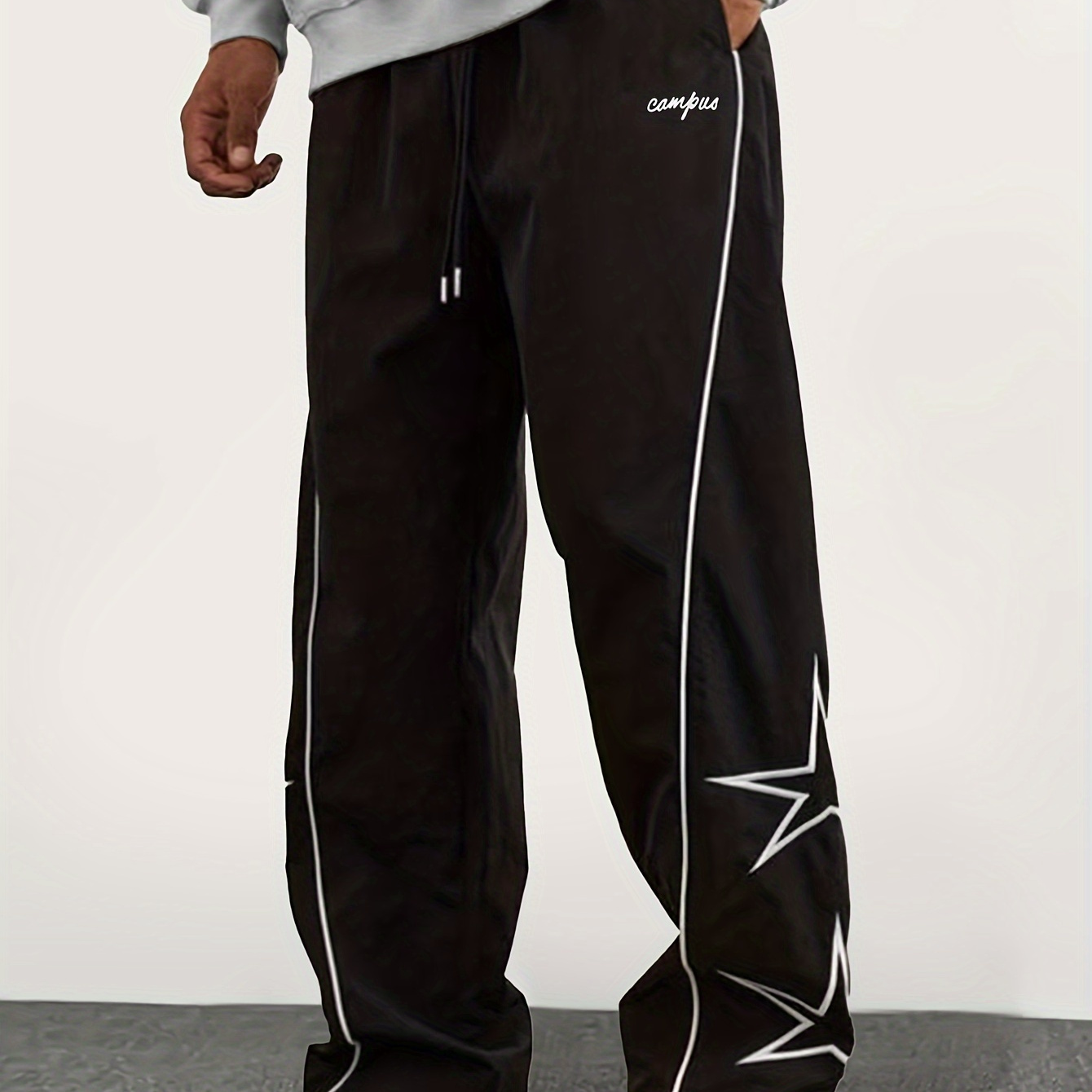 

Men's & Star Pattern Straight Leg Pants With Drawstrings, Casual Loose Fit Spring And Fall Outdoor Trousers As Gift