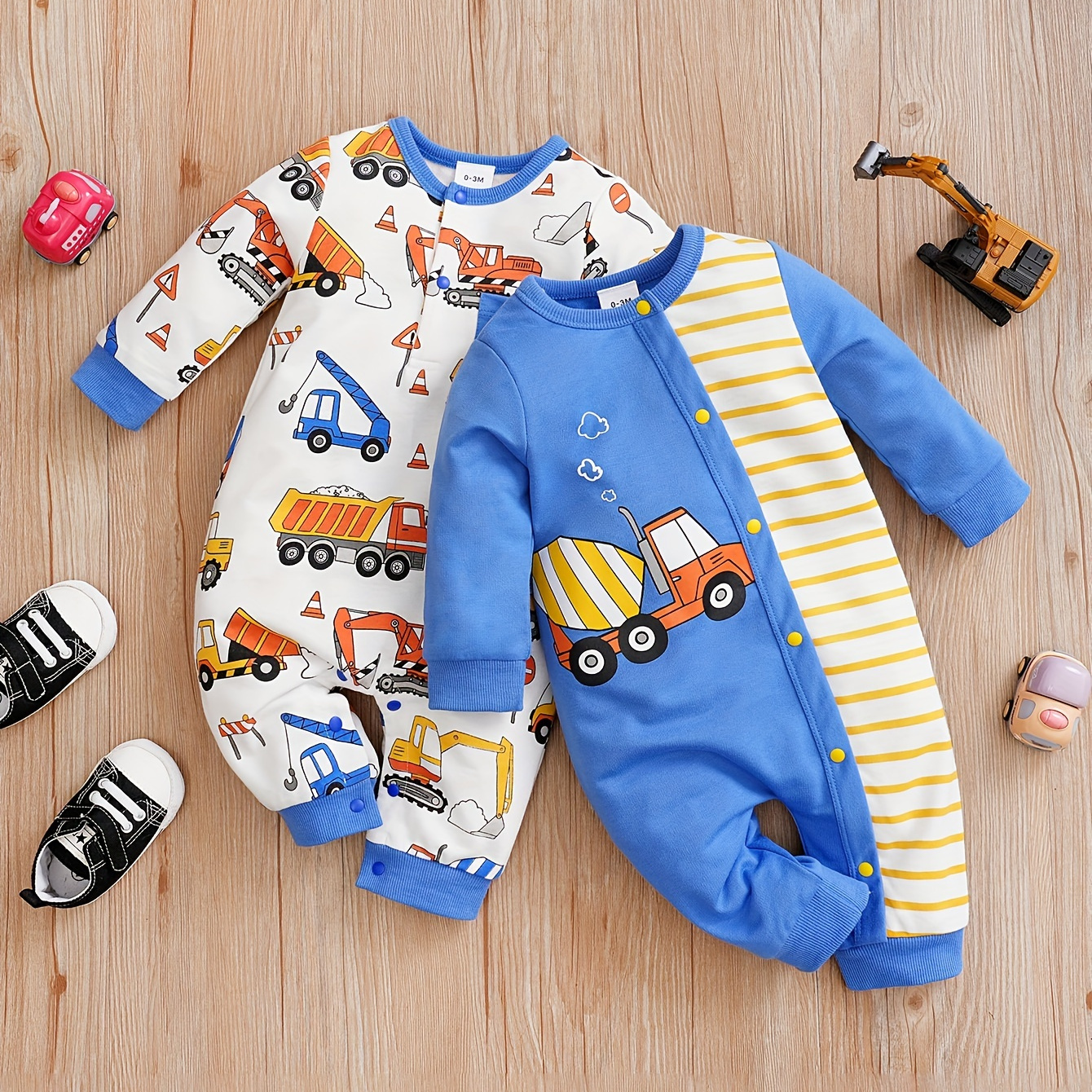 

2pcs Cute Cartoon Vehicle Print Long-sleeved Baby Bodysuits, Toddler's Jumpsuits For Spring And Autumn