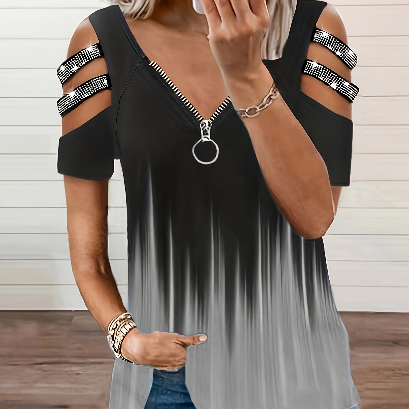 

Cut Out Zipper T-shirt, Casual V Neck Short Sleeve Summer T-shirt, Women's Clothing
