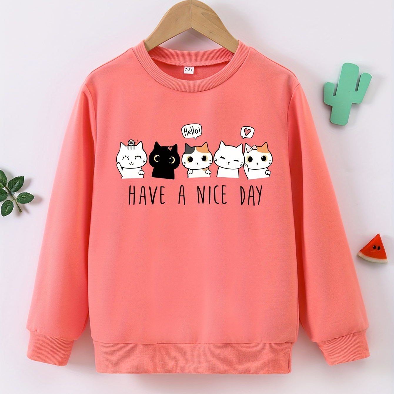 

Cat Cartoon Print Long Sleeve Sweatshirt For Girls - Cozy Polyester , Spring & Fall