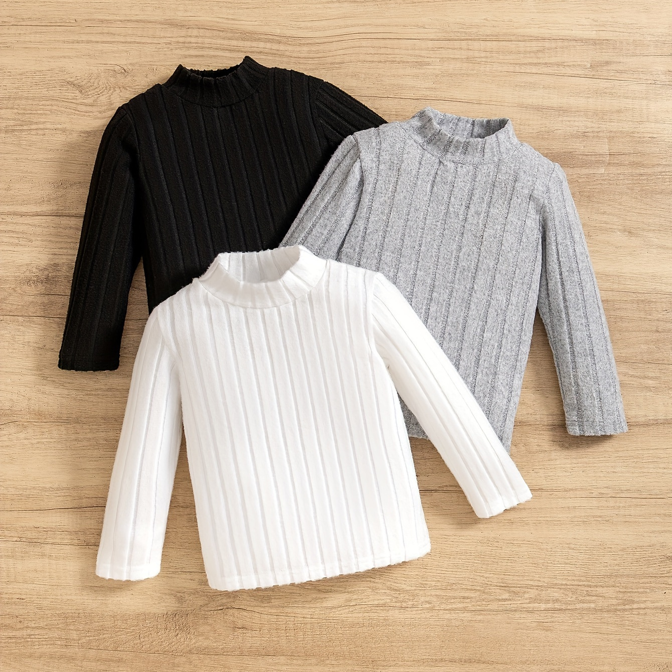 

3pcs Boy's Solid Color Ribbed Mock Neck Pullover, Knitted Long Sleeve Top, Boy's Clothing For Fall Winter