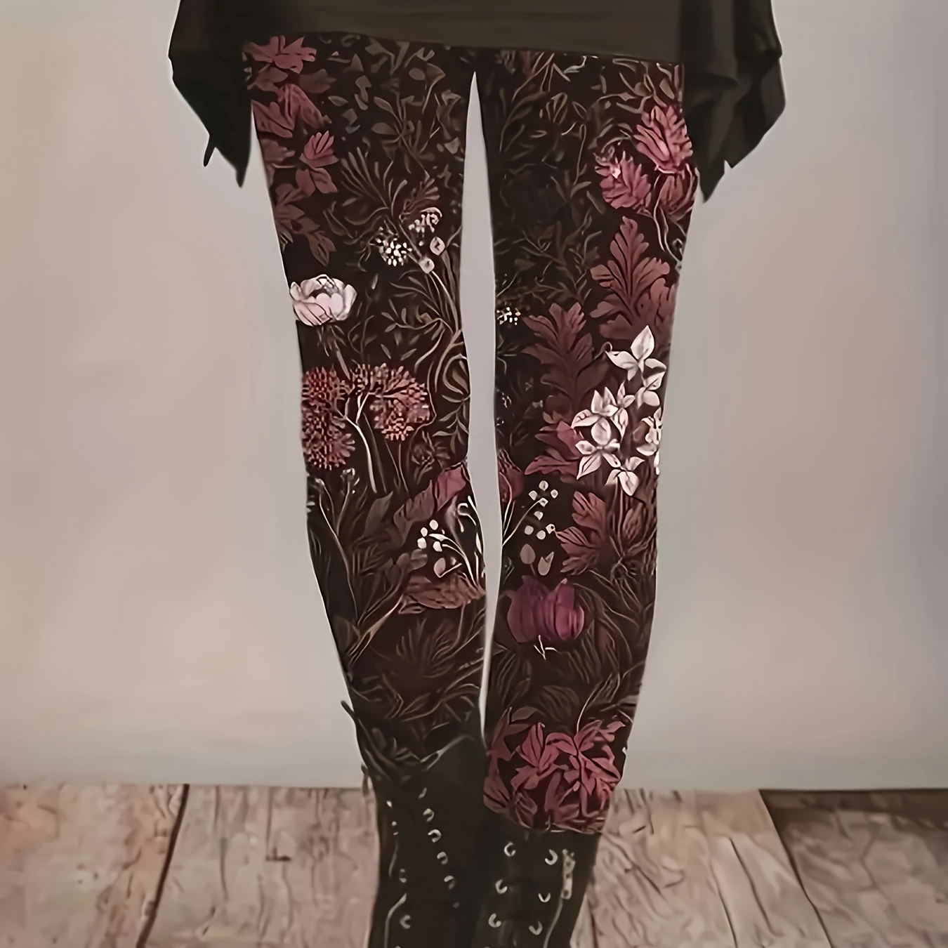 

Leggings Extensibles à Imprimé Floral pour Femmes avec Taille Élastique - Fond Foncé, Fleurs Rouges et Violettes, Style Décontracté, Lavable en Machine, pour /Été/Automne