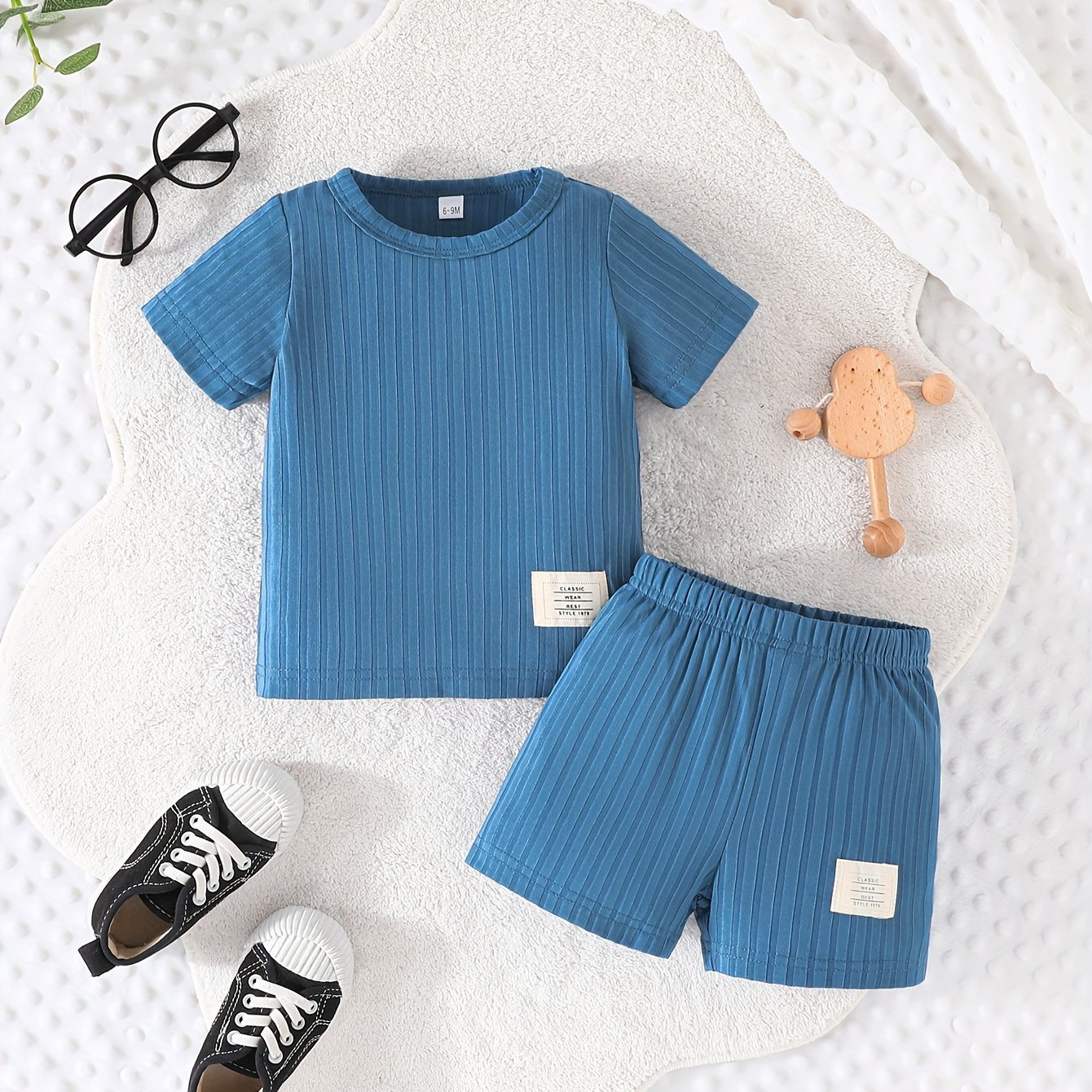 

2pcs Toddler's Solid Color Ribbed Summer Set, T-shirt & Casual Shorts, Baby Boy's Clothes For Daily Wear