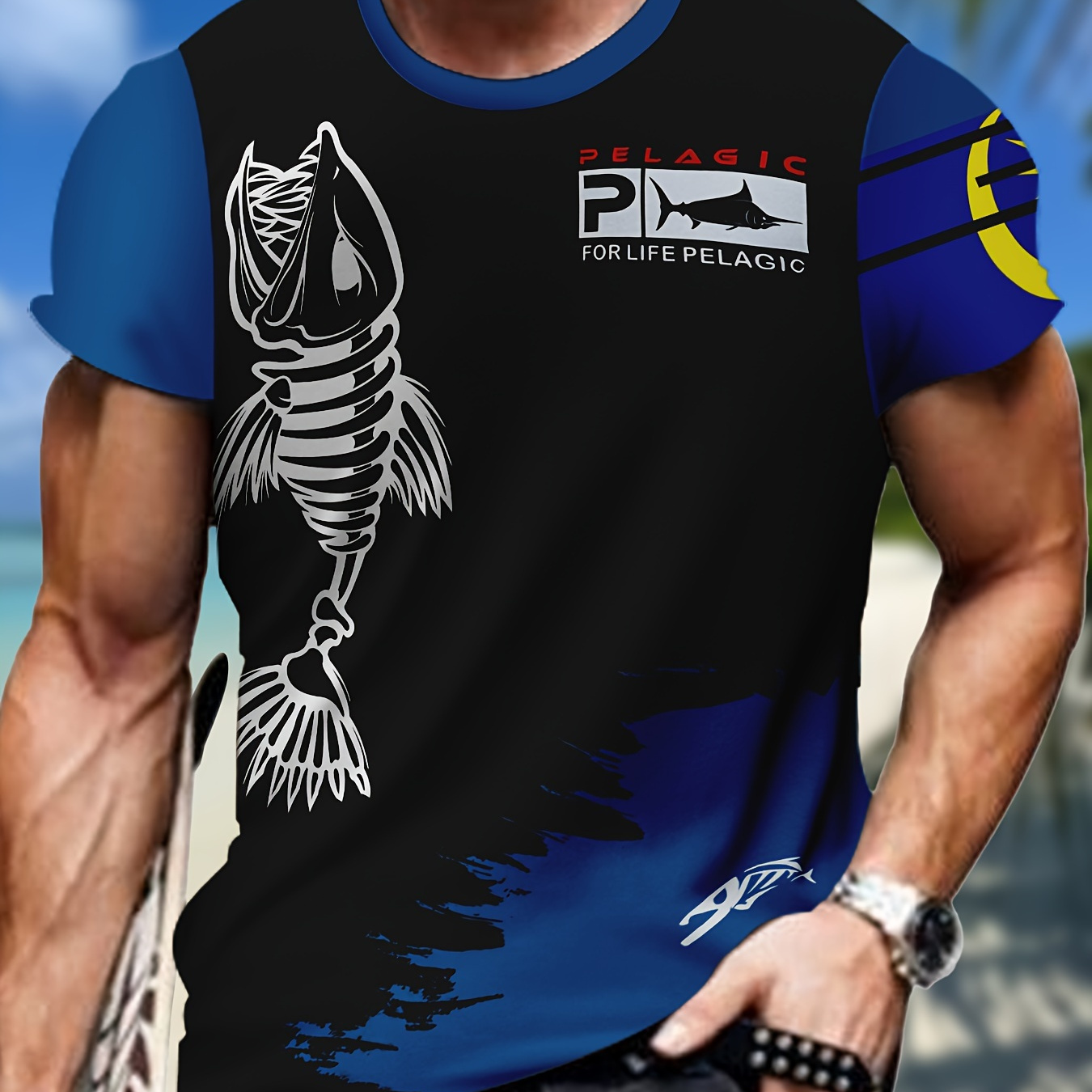 

T-shirt graphique à imprimé arêtes de poisson pour homme, t-shirt actif à manches courtes et col rond, vêtements pour homme pour l'été en plein air