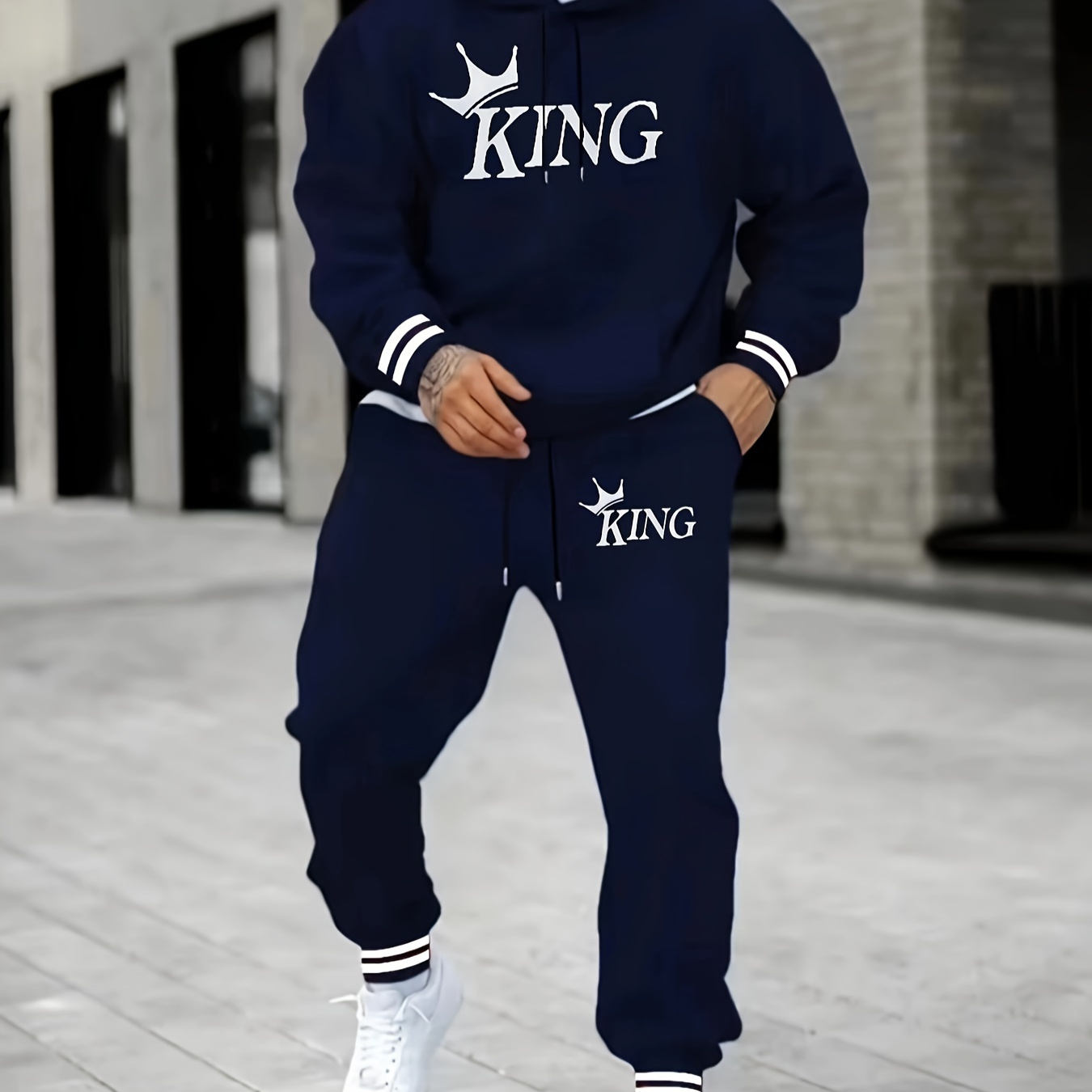 

King Geometric Print Hoodie & Sweatpants Set - Polyester Jogger Suit With Hood, Drawstring, And Pocket - Knit Fabric, Regular Fit For Fall/winter