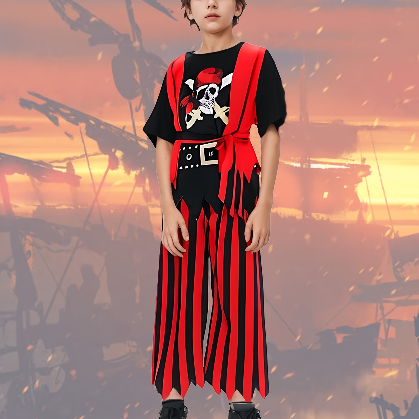 

Boys Pirate Clothes Set, Includes Jumpsuit, Pants, And Belt, Skull Pattern Halloween Party Outfit For Boys