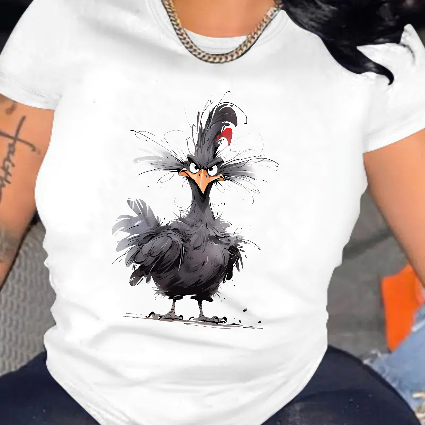 

Women's Cute Cartoon Chicken Print T-shirt - Casual Crew Neck, Short Sleeve Top For , Breathable Polyester