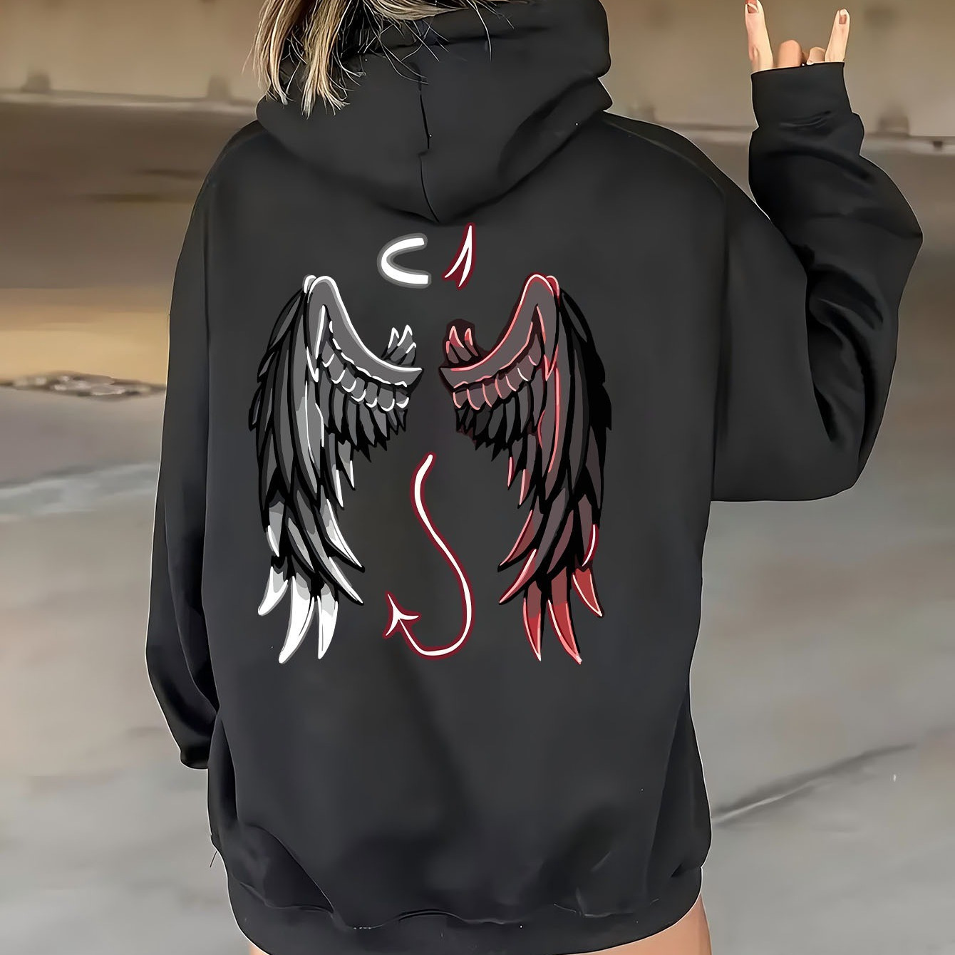 

Women's Cartoon Wings Print Hoodie, Zippered Pullover Casual Sweatshirt, Knitted Polyester, , Fall/, Hooded Pullover With Zipper