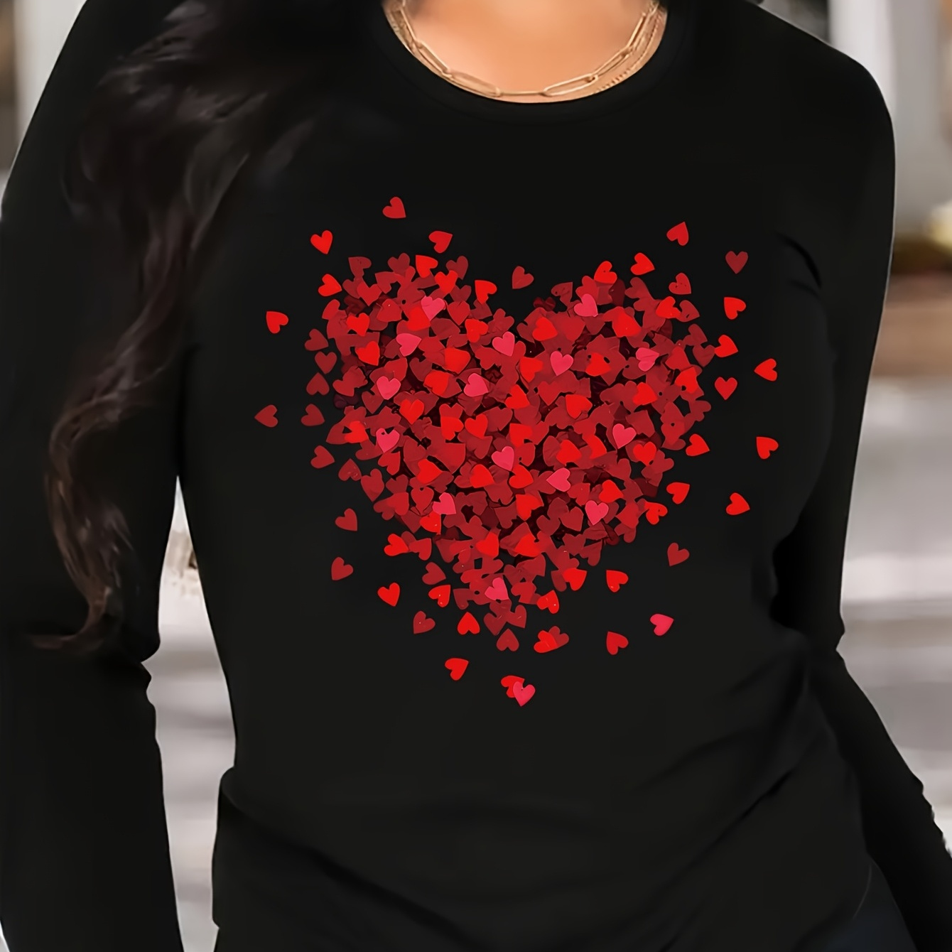 

Plus Size Women's Valentine's Day - Casual & Comfortable Long Sleeve With Romantic Red Heart Print, Round Neck, Polyester - Spring/summer