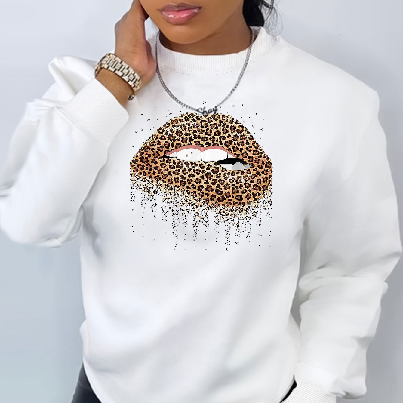 

Sweatshirt Imprimé Léopard Sur Les Lèvres, Sweatshirt Décontracté À Col Rond Pour L'automne Et Le Printemps, Vêtements Pour Femmes
