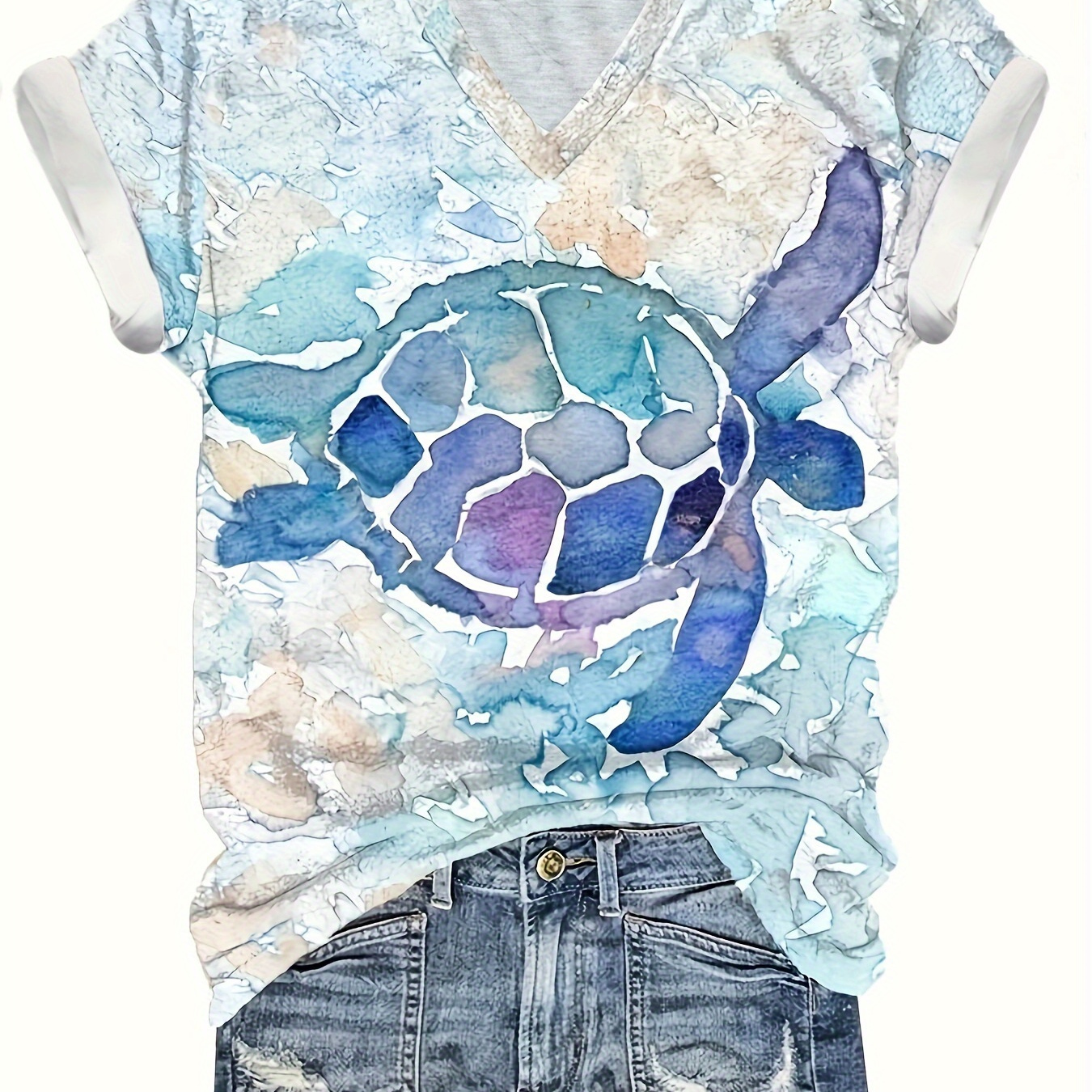 

Turtle Print V Neck T-shirt, Casual Short Sleeve Top For Spring & Summer, Women's Clothing