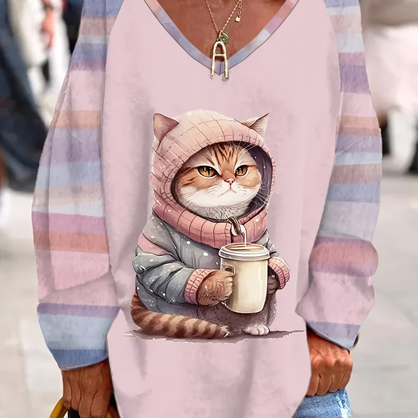 

T-shirt élégant à manches longues et col en V pour femmes, avec un imprimé de chat de dessin confortable, en de polyester légèrement extensible, à en toute .