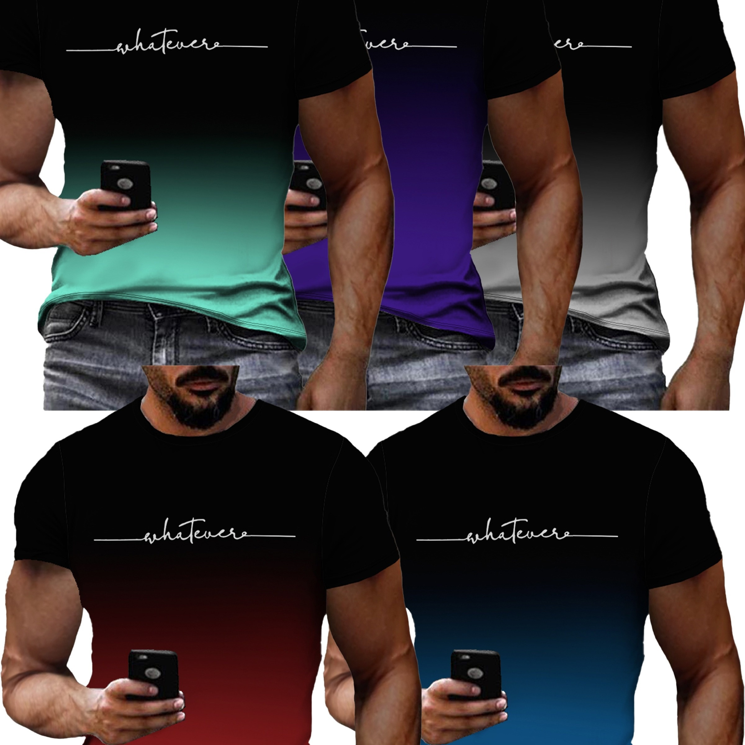 

5pcs Men's Gradient Print T-shirts - Casual Crew Neck, Short Sleeve Tees For Summer Outdoor Wear