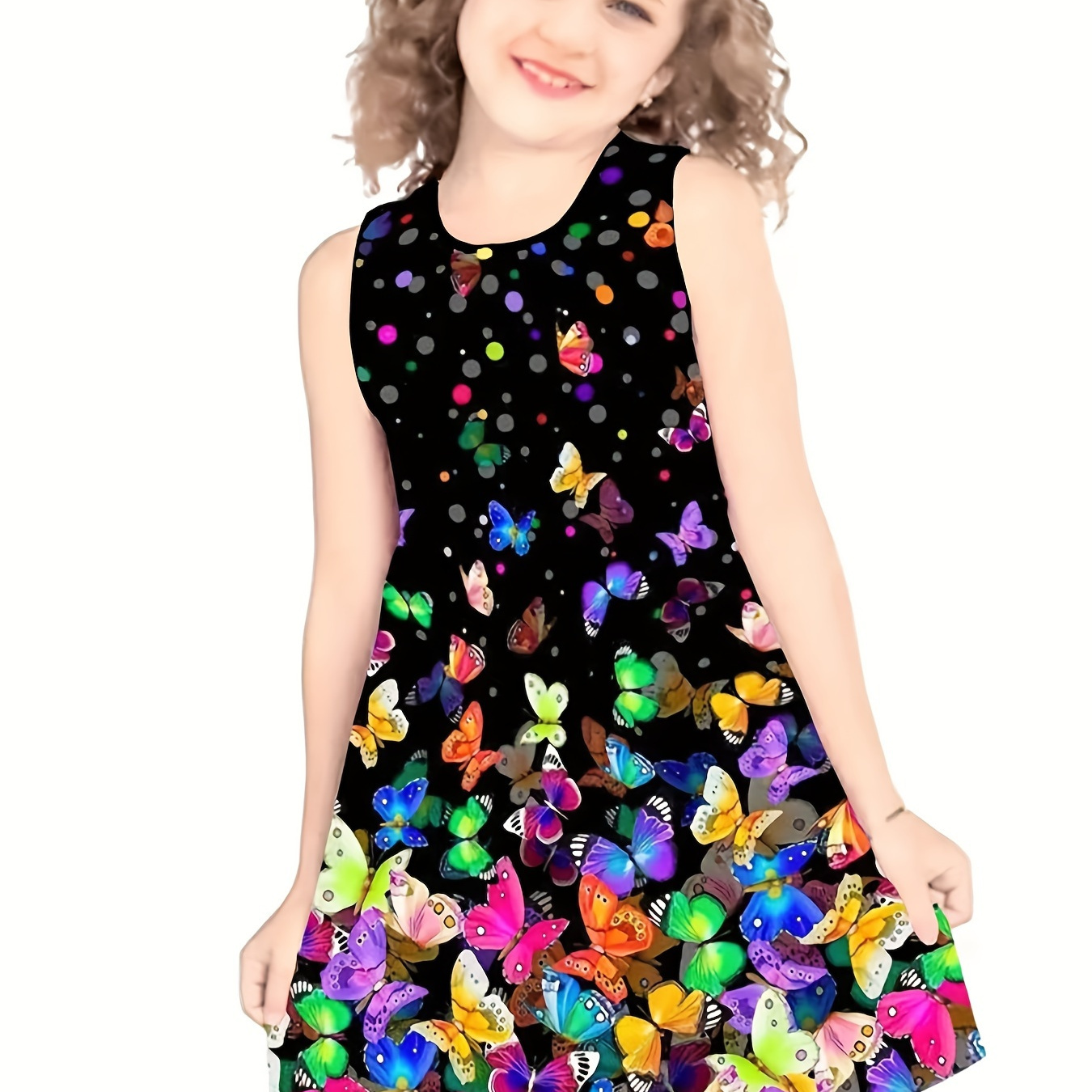 

Girls Sweet & Fashion Butterflies Print Sleeveless Casual Dress