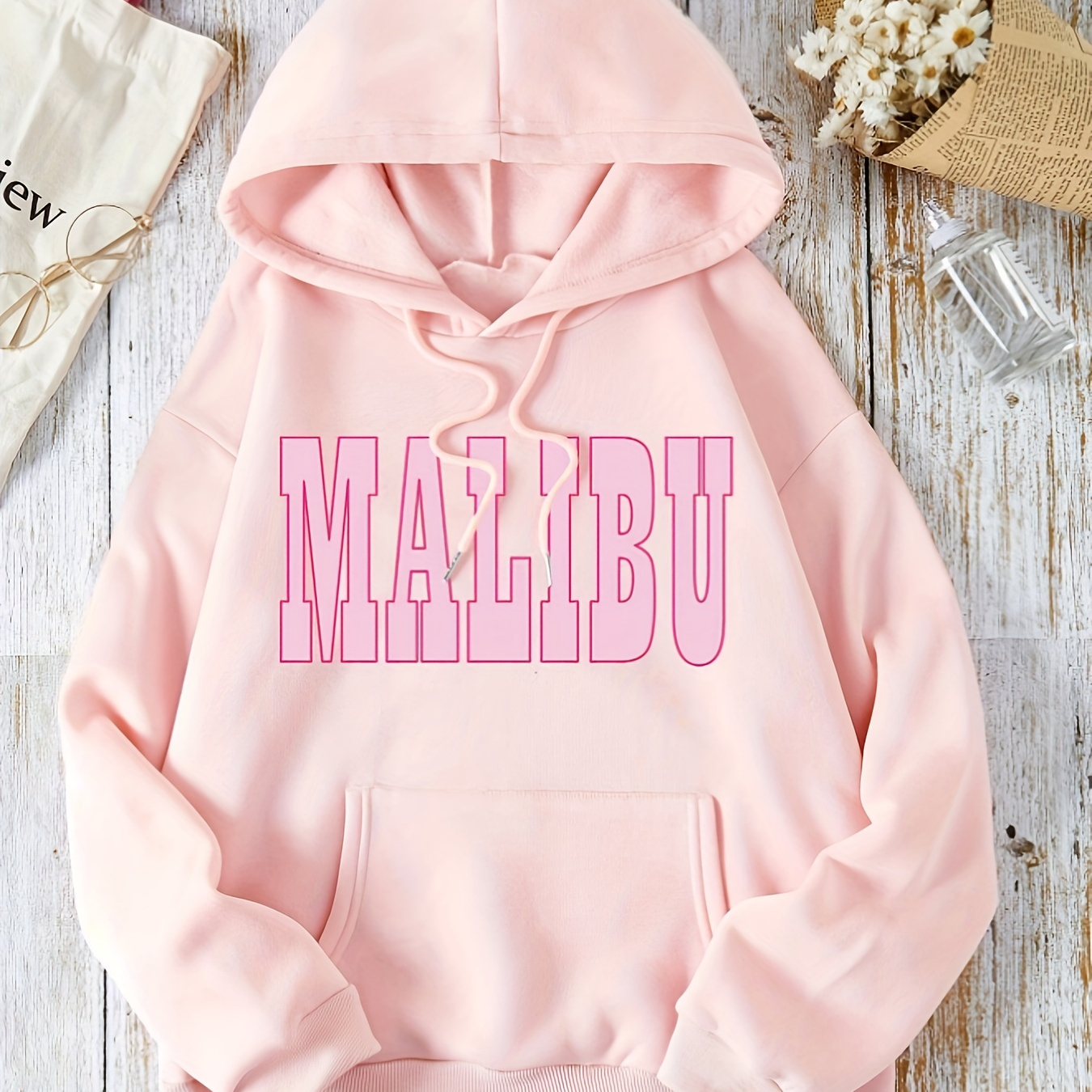 letter long sleeve hooded sports sweatshirt, casual drawstring