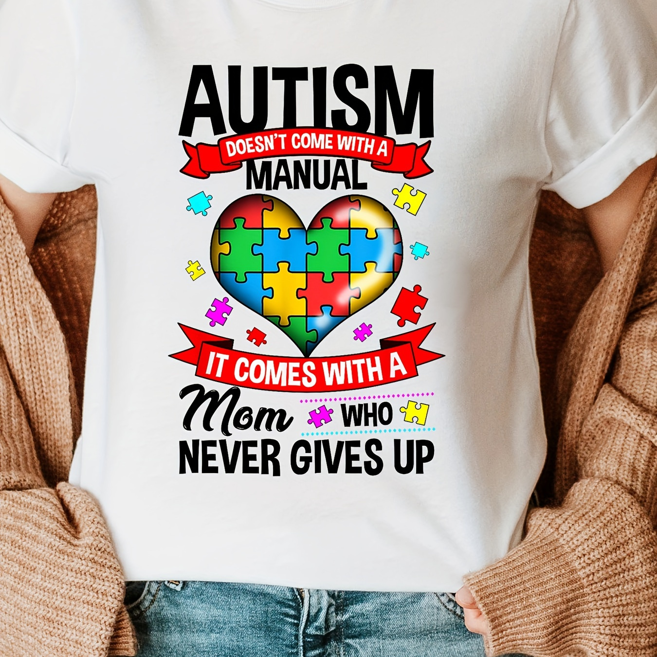 

Autism Mom Print Crew Neck T-shirt, Short Sleeve Casual Top For Summer & Spring, Women's Clothing