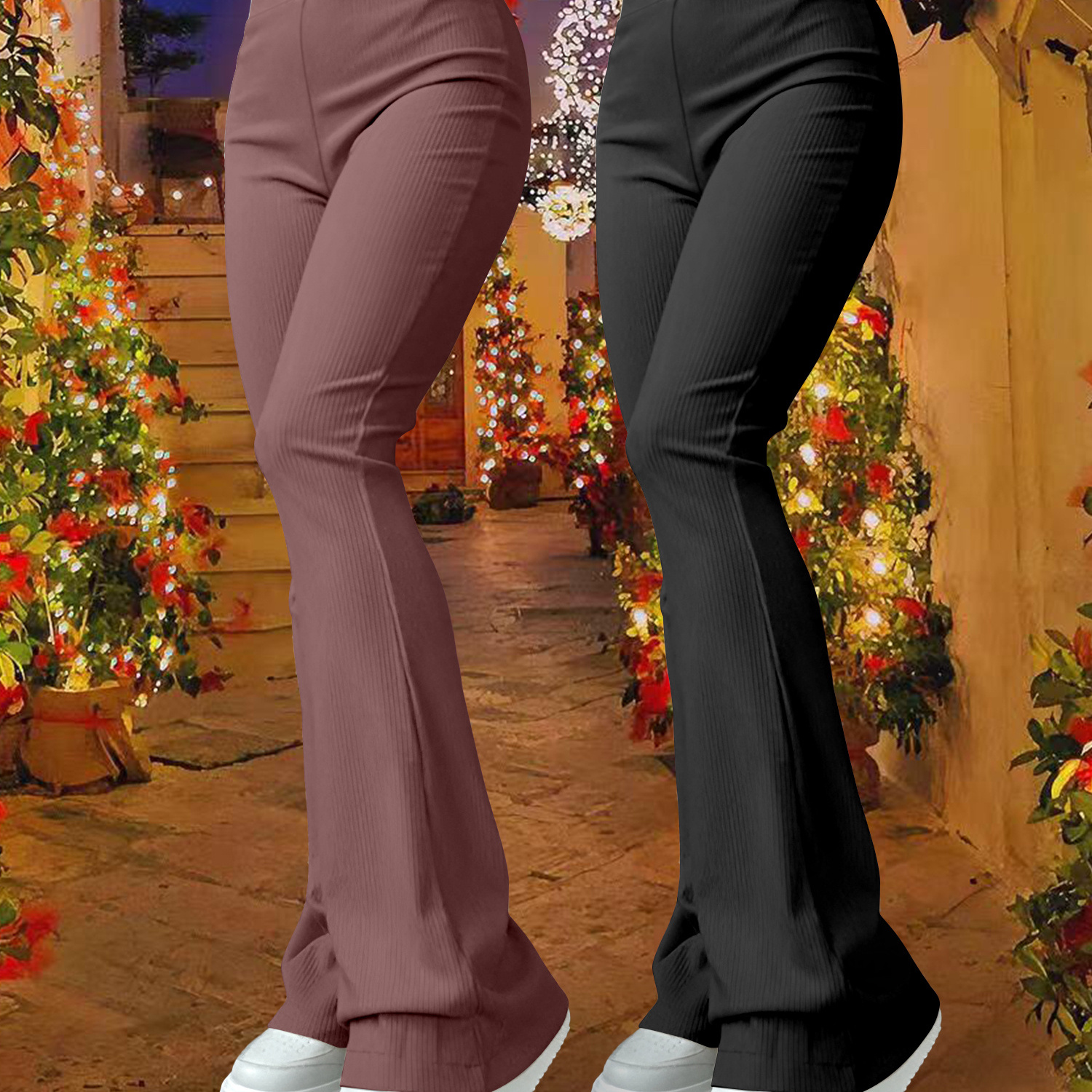 

K11 New Women'-piece Set Featuring Solid Color High-waisted Flared Yoga Pants, Casual Long Trousers.