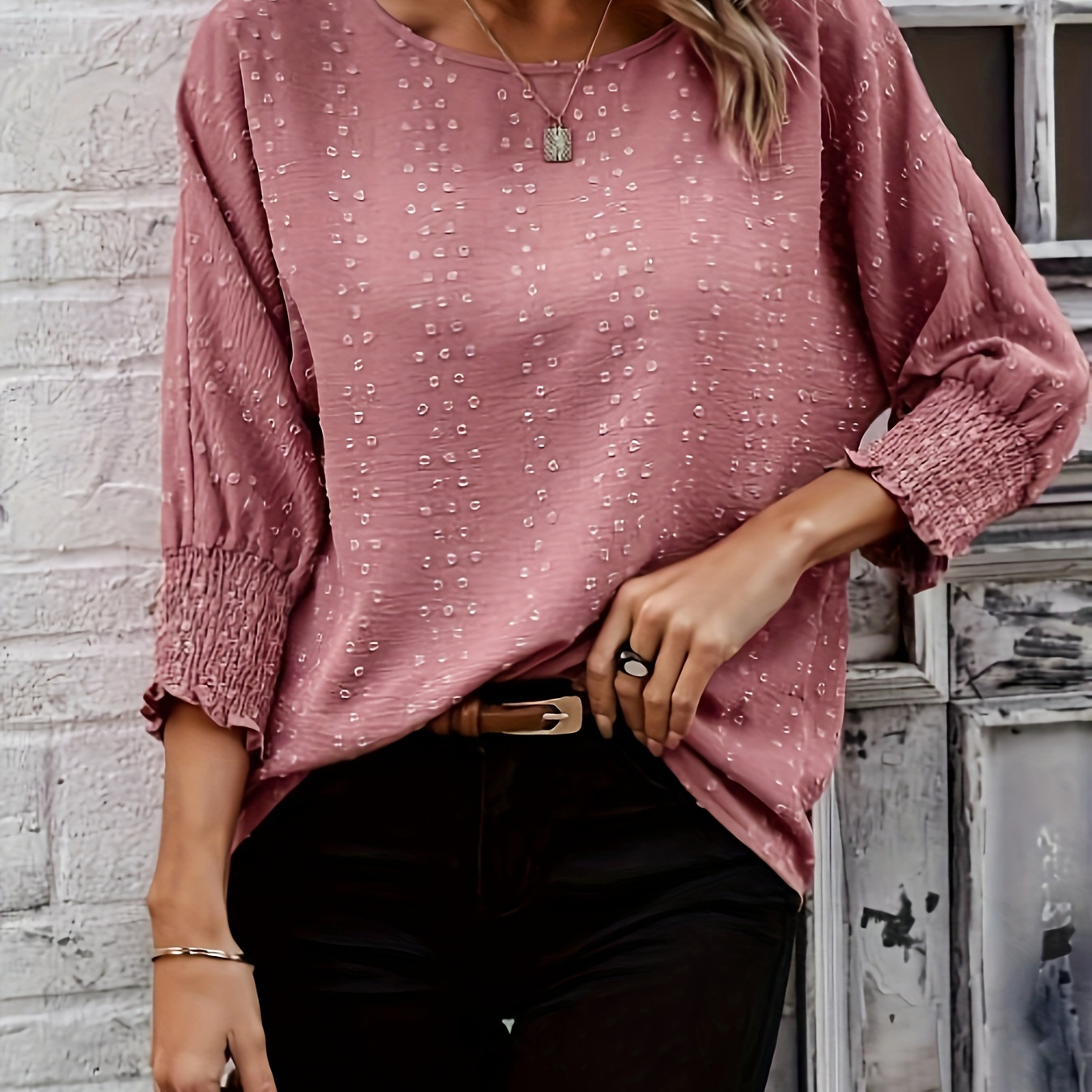 

Swiss Dot Crew Neck Blouse, Casual Three-quarter Sleeve Blouse For Spring & Summer, Women's Clothing