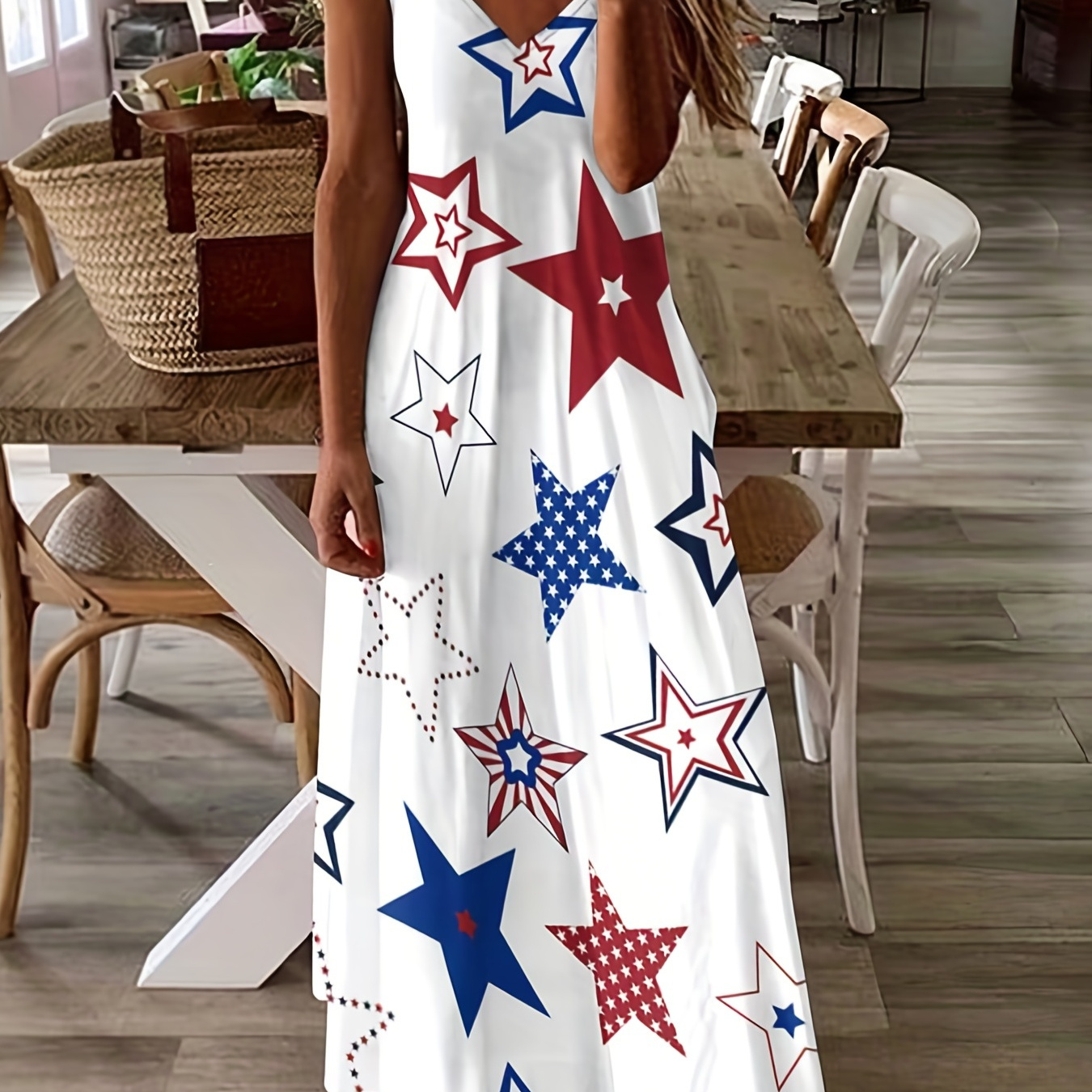 

Plus Size Casual Summer Dress, Women's Plus Star Print V Neck Slight Stretch Maxi Cami Dress