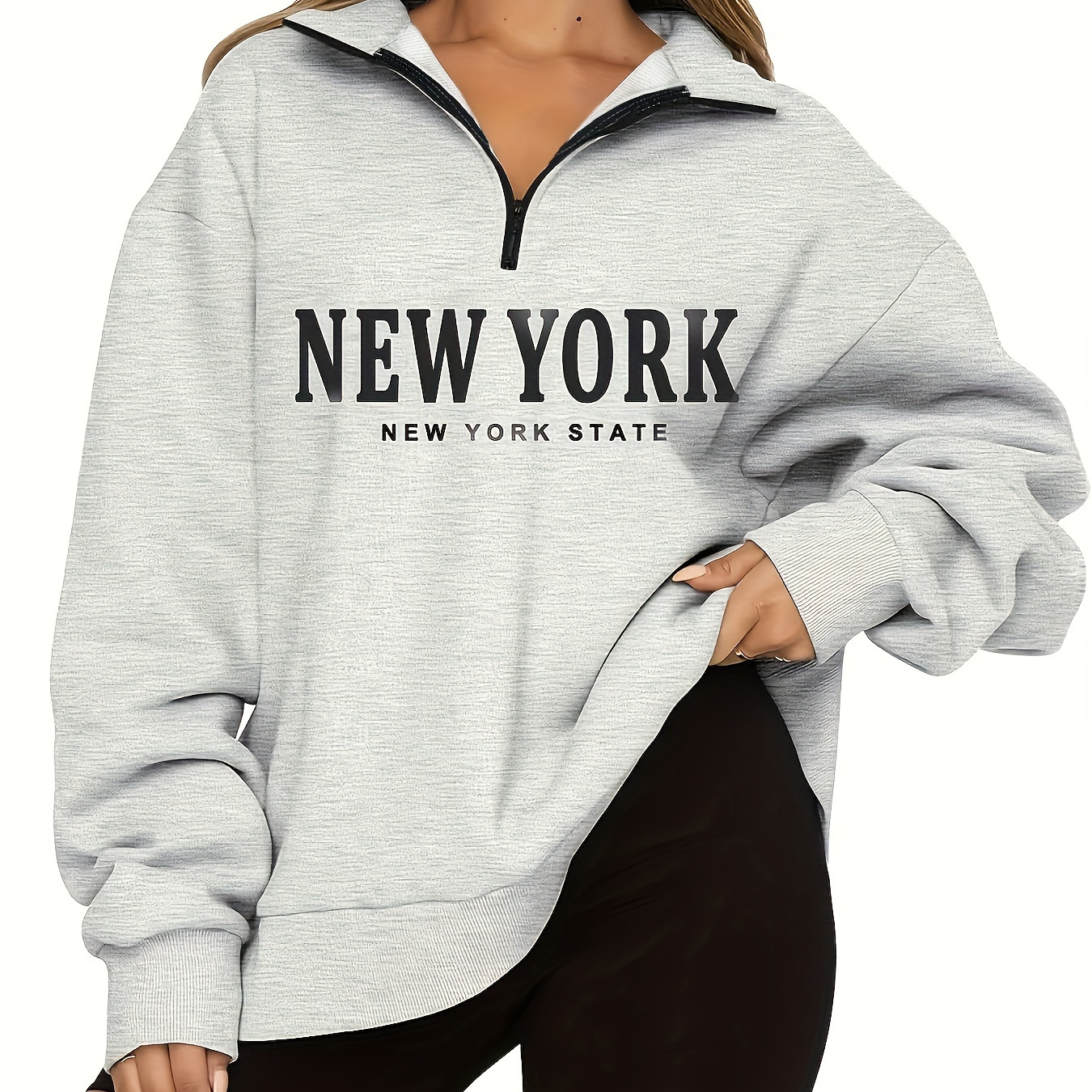 

New York Print Half Zip Sweatshirt, Casual Long Sleeve Sweatshirt For Spring & Fall, Women's Clothing