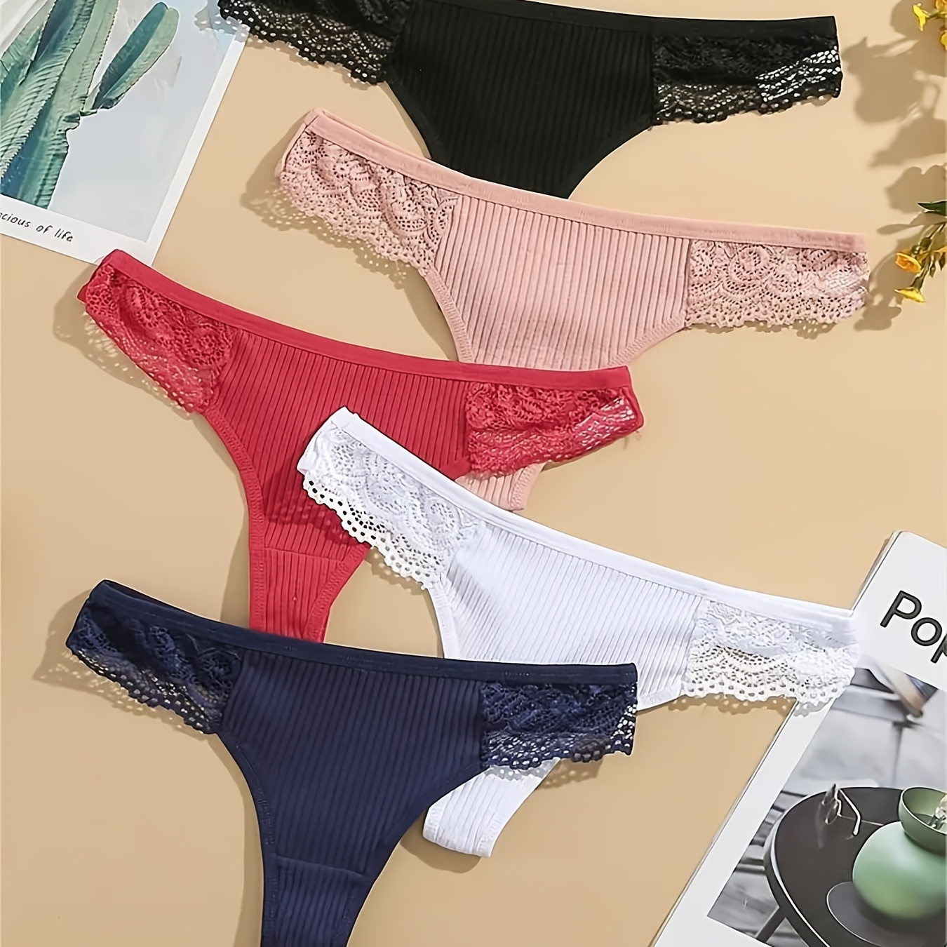 

5pcs Lace Stitching Thongs, Sexy Low Waist Ribbed Panties, Women's Lingerie & Underwear