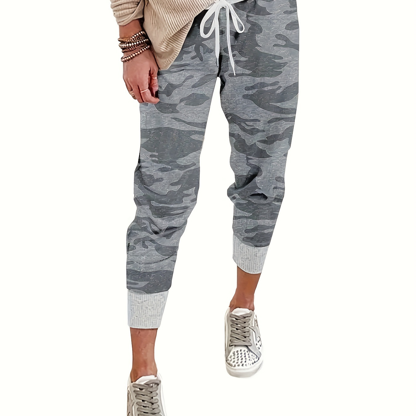 

Camo Print Fashion Sports Pants, Drawstring Waist Running Fitness Trousers, Women's Activewear